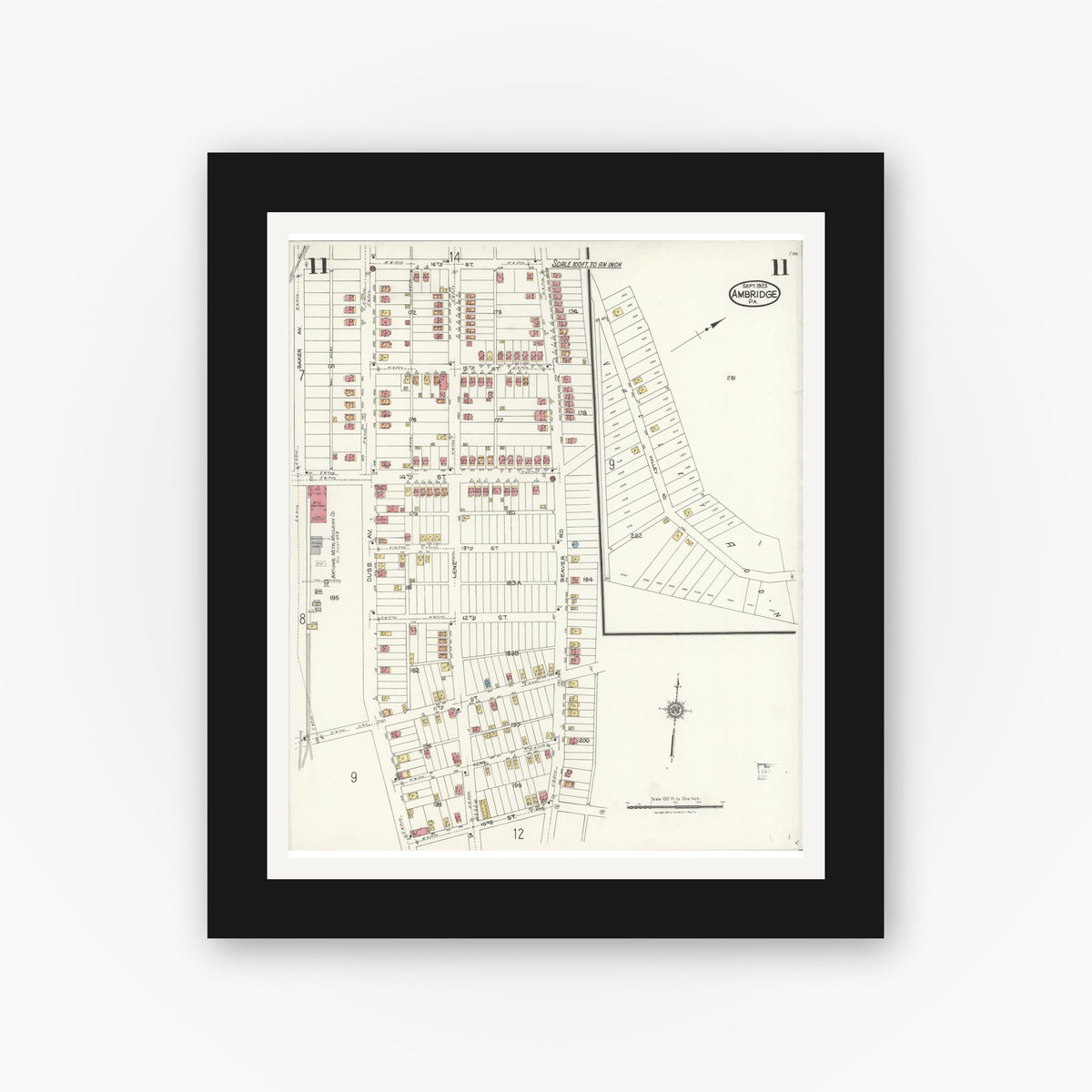 Old map wall art mockup — black gallery frame with white mat — Sanborn Fire Insurance Map from Ambridge, Beaver County, Pennsylvania (1923), Sheet #0011