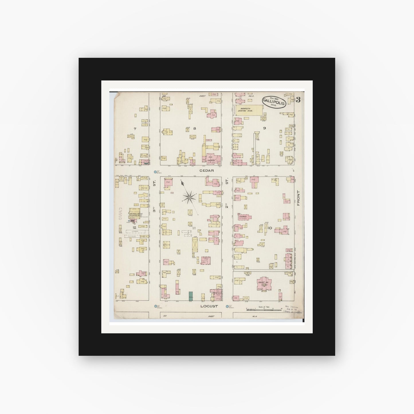 Old map wall art mockup — black gallery frame with white mat — Sanborn Fire Insurance Map from Gallipolis, Gallia County, Ohio (1885), Sheet #0003