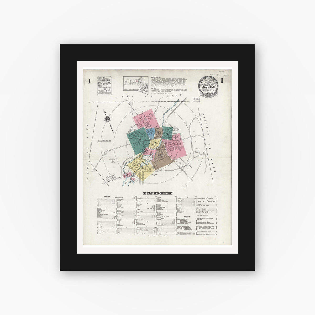 Old map wall art mockup — black gallery frame with white mat — Sanborn Fire Insurance Map from Maynard, Middlesex County, Massachusetts (1924) - Complete Map Set