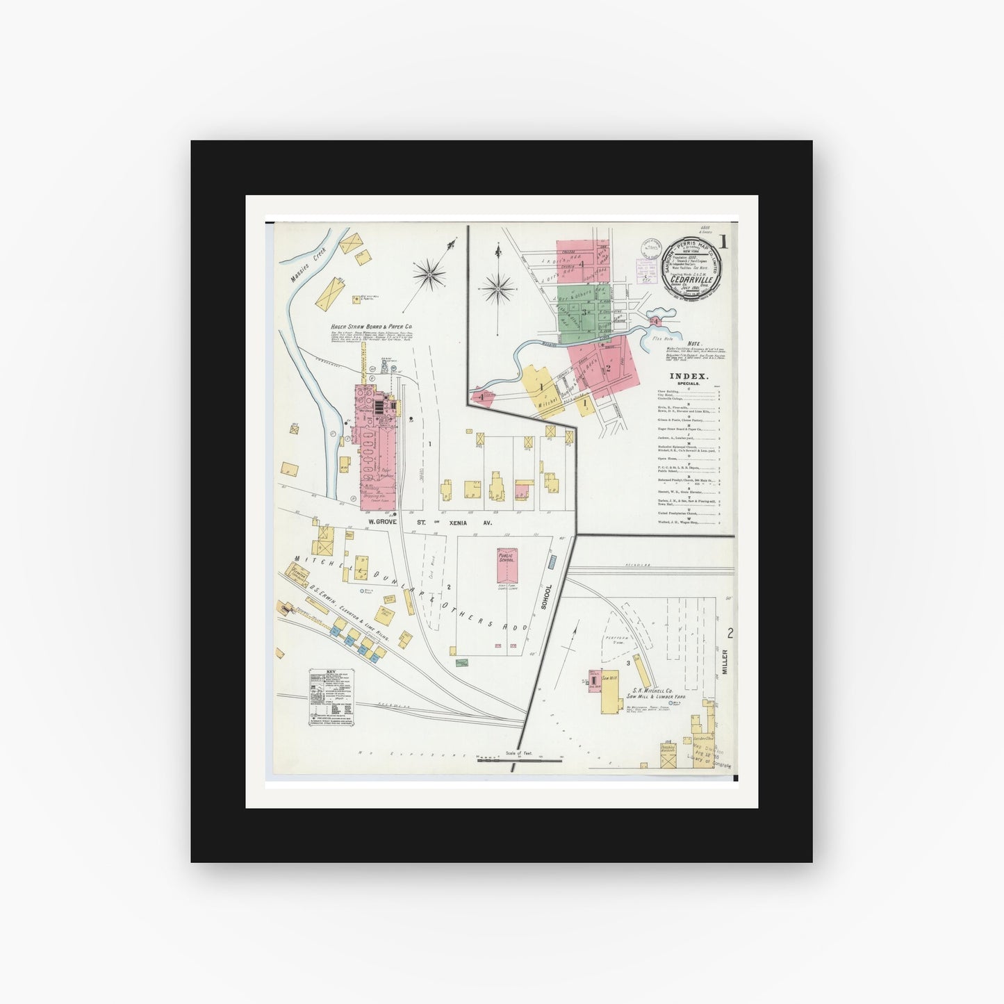 Old map wall art mockup — black gallery frame with white mat — Sanborn Fire Insurance Map from Cedarville, Greene County, Ohio (1901) - Complete Map Set