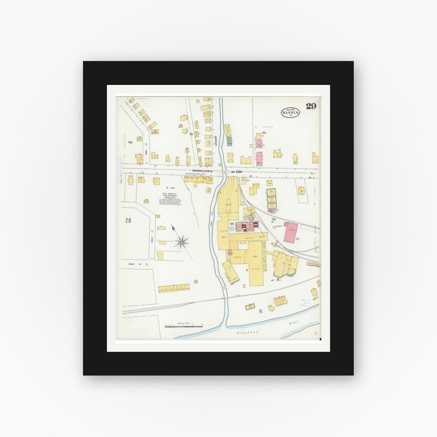 Old map wall art mockup — black gallery frame with white mat — Sanborn Fire Insurance Map from Warren, Warren County, Pennsylvania (1904), Sheet #0029