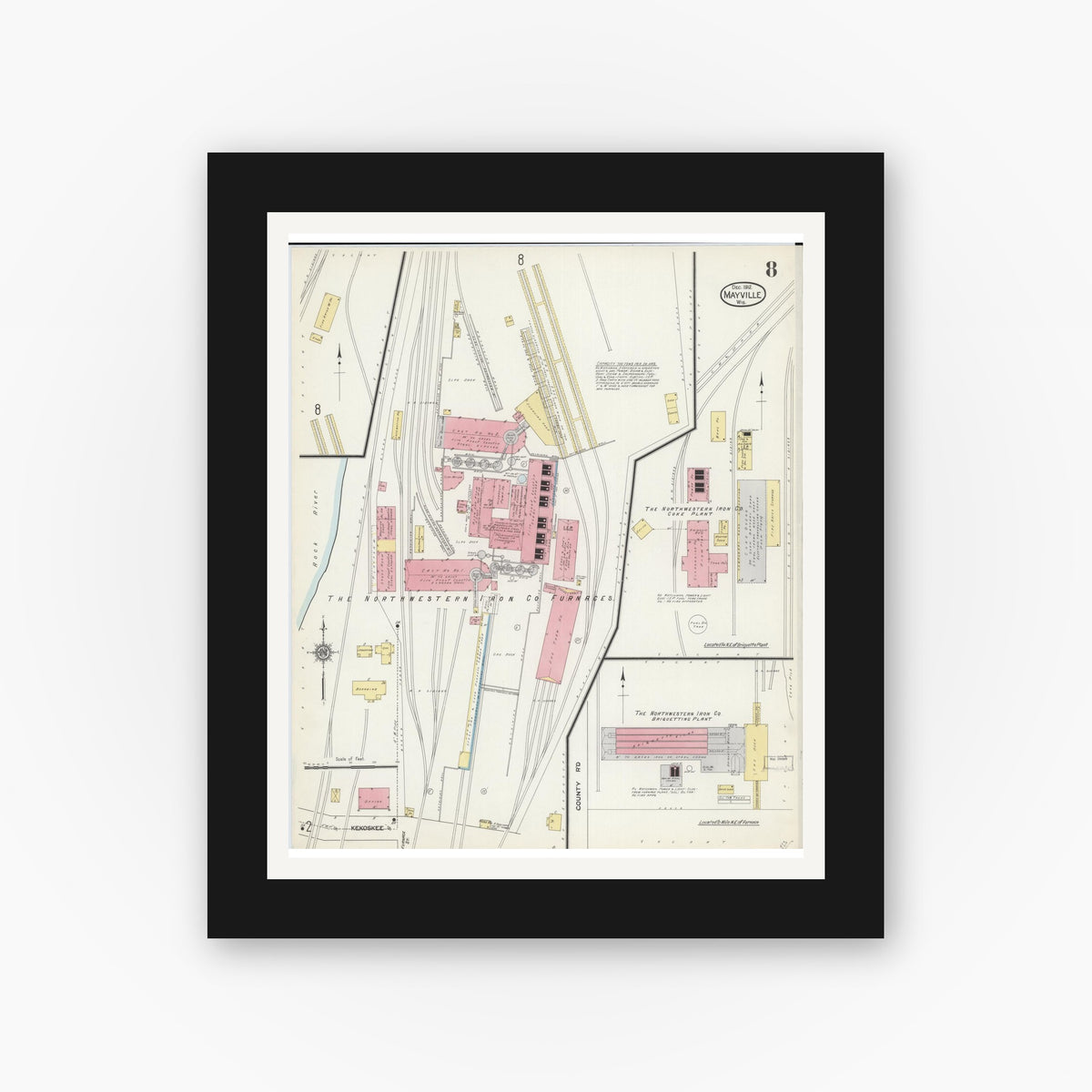 Old map wall art mockup — black gallery frame with white mat — Sanborn Fire Insurance Map from Mayville, Dodge County, Wisconsin (1912), Sheet #0008