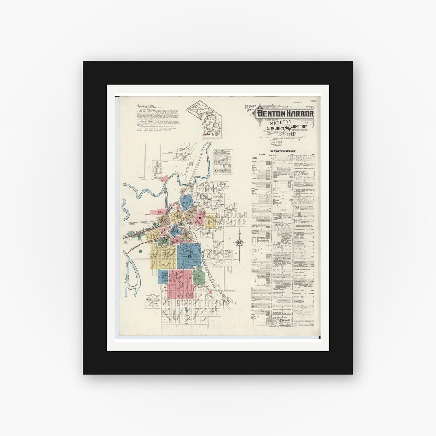 Old map wall art mockup — black gallery frame with white mat — Sanborn Fire Insurance Map from Benton Harbor, Berrien County, Michigan (1917) - Complete Map Set