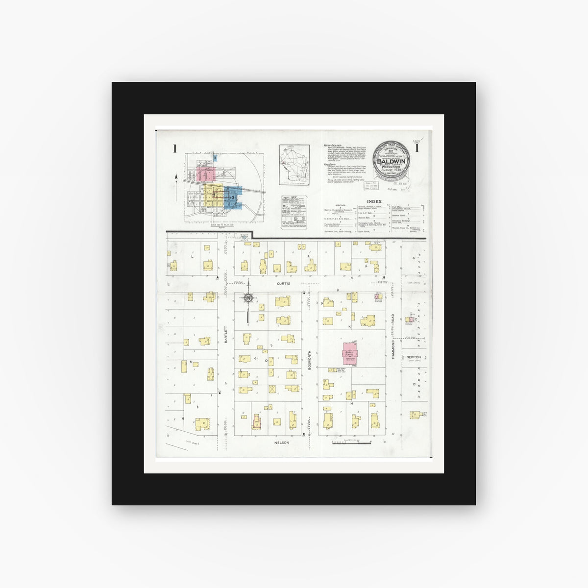 Old map wall art mockup — black gallery frame with white mat — Sanborn Fire Insurance Map from Baldwin, St. Croix County, Wisconsin (1930) - Complete Map Set