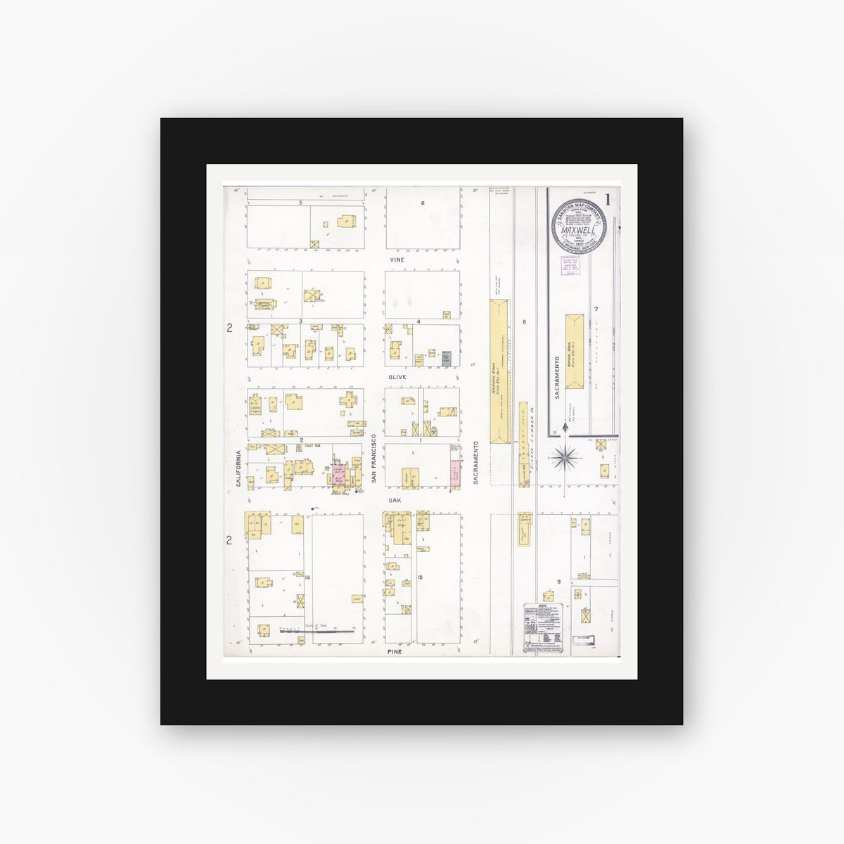 Old map wall art mockup — black gallery frame with white mat — Sanborn Fire Insurance Map from Maxwell, Colusa County, California (1907), Sheet #0001