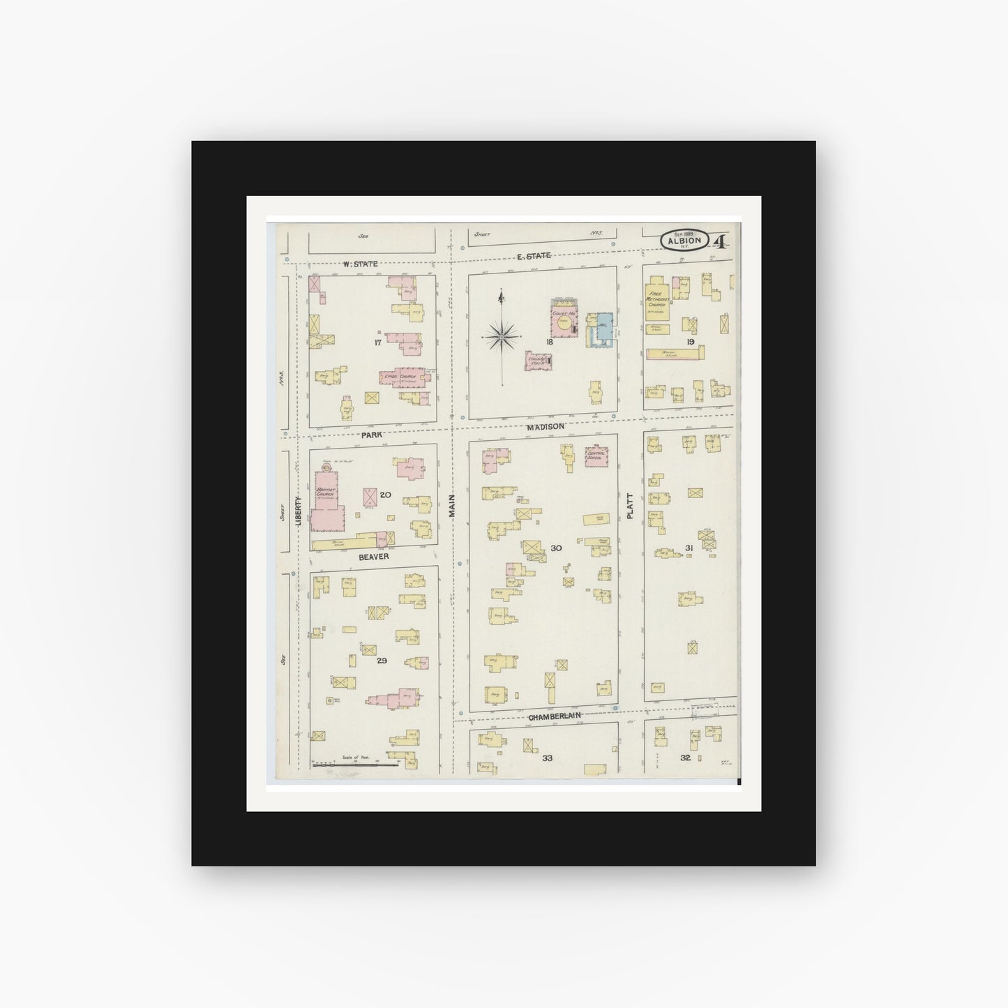 Old map wall art mockup — black gallery frame with white mat — Sanborn Fire Insurance Map from Albion, Orleans County, New York (1889), Sheet #0004
