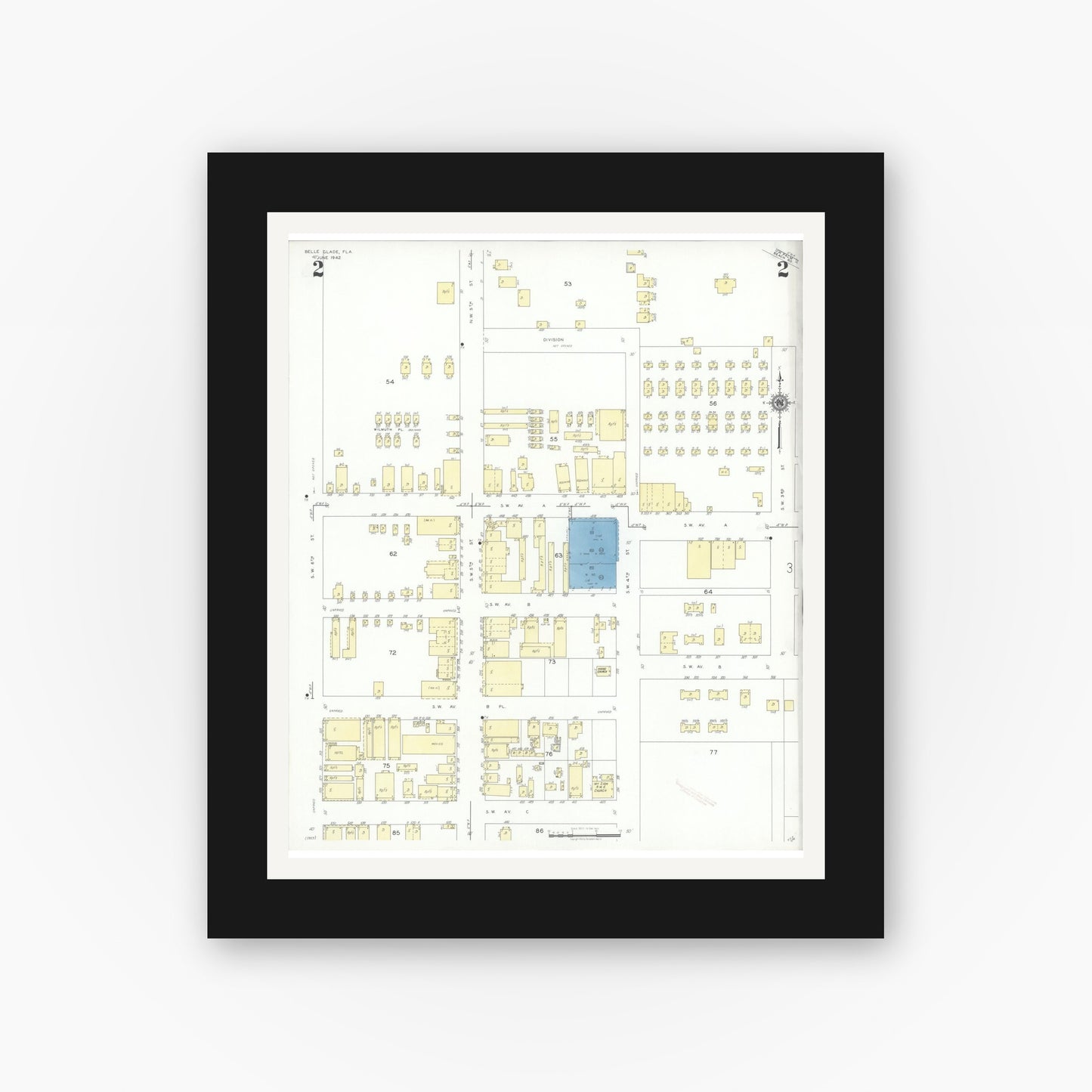 Old map wall art mockup — black gallery frame with white mat — Sanborn Fire Insurance Map from Belle Glade, Palm Beach County, Florida (1942), Sheet #0002