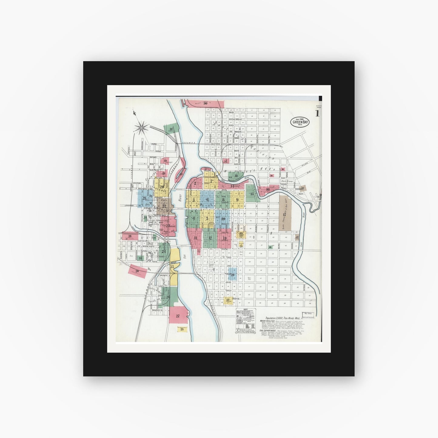 Old map wall art mockup — black gallery frame with white mat — Sanborn Fire Insurance Map from Green Bay, Brown County, Wisconsin (1900) - Complete Map Set