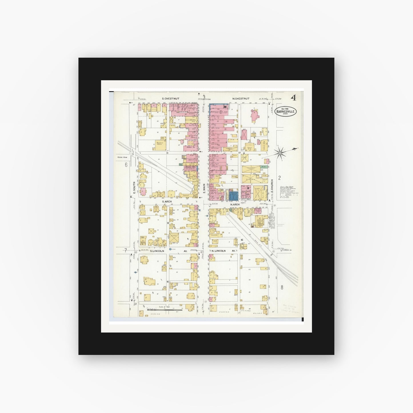 Old map wall art mockup — black gallery frame with white mat — Sanborn Fire Insurance Map from Barnesville, Belmont County, Ohio (1908), Sheet #0004