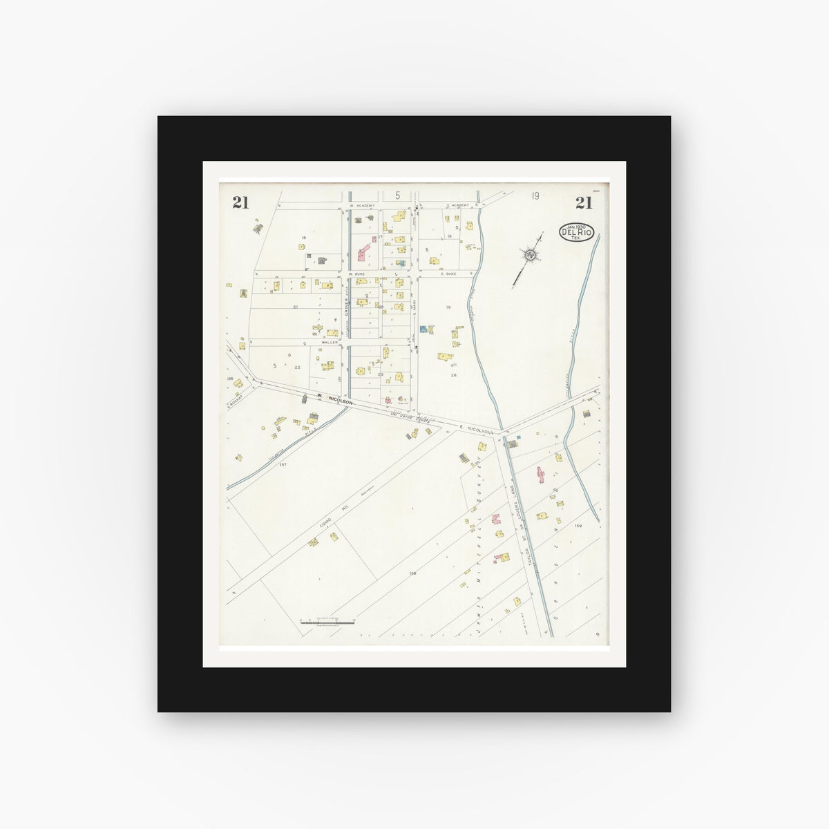 Old map wall art mockup — black gallery frame with white mat — Sanborn Fire Insurance Map from Del Rio, Val Verde County, Texas (1930), Sheet #0021