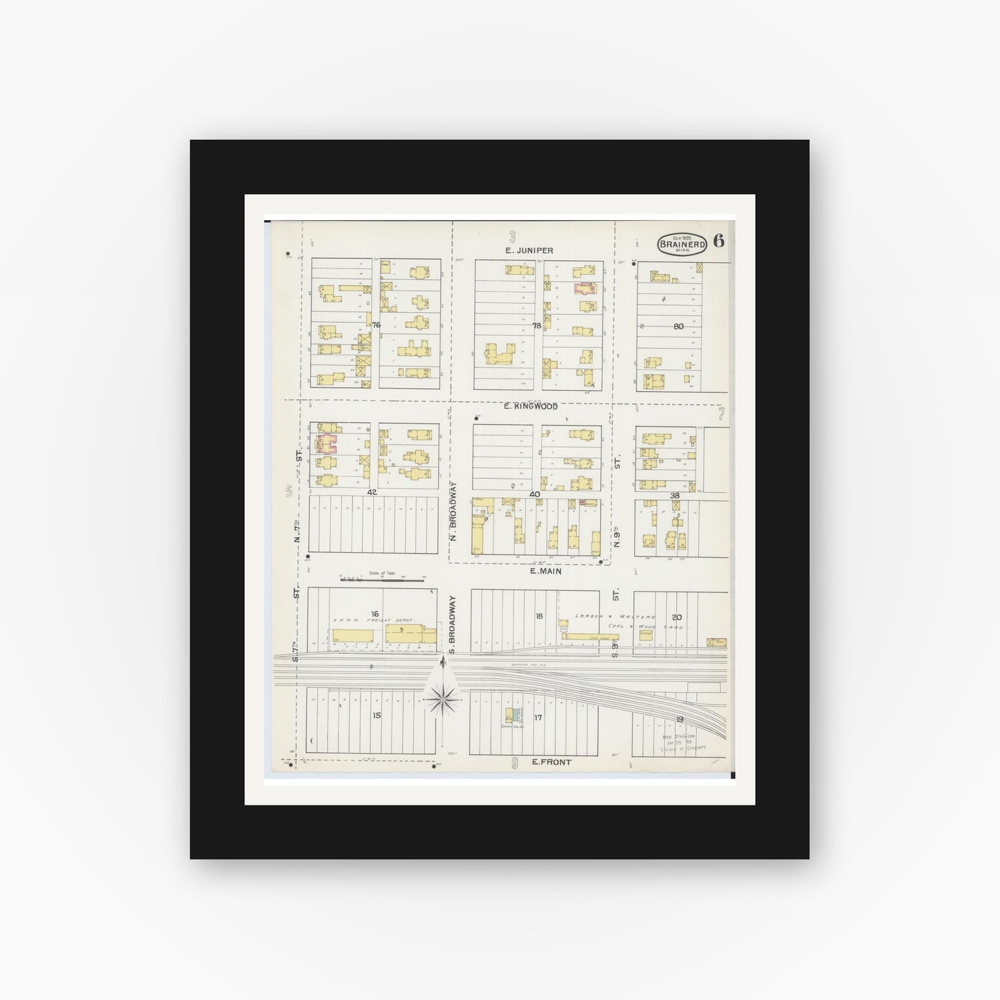 Old map wall art mockup — black gallery frame with white mat — Sanborn Fire Insurance Map from Brainerd, Crow Wing County, Minnesota (1892), Sheet #0006