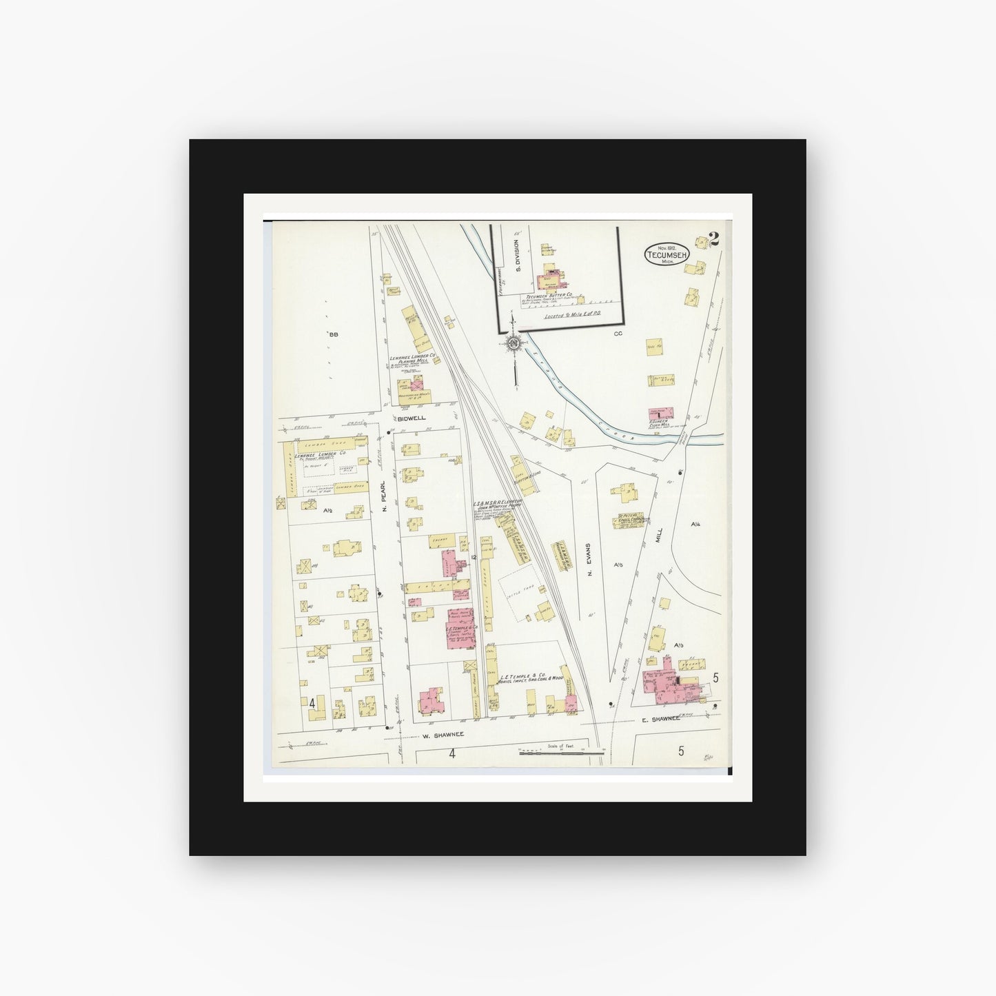 Old map wall art mockup — black gallery frame with white mat — Sanborn Fire Insurance Map from Tecumseh, Lenawee County, Michigan (1912), Sheet #0002