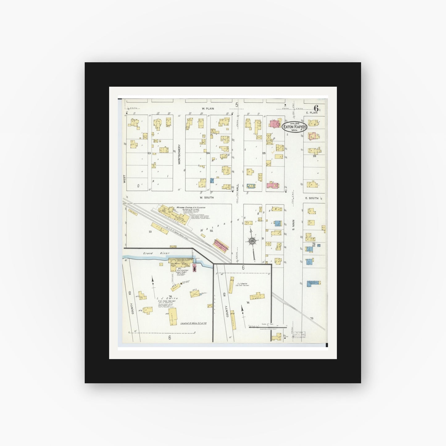 Old map wall art mockup — black gallery frame with white mat — Sanborn Fire Insurance Map from Eaton Rapids, Eaton County, Michigan (1918), Sheet #0006