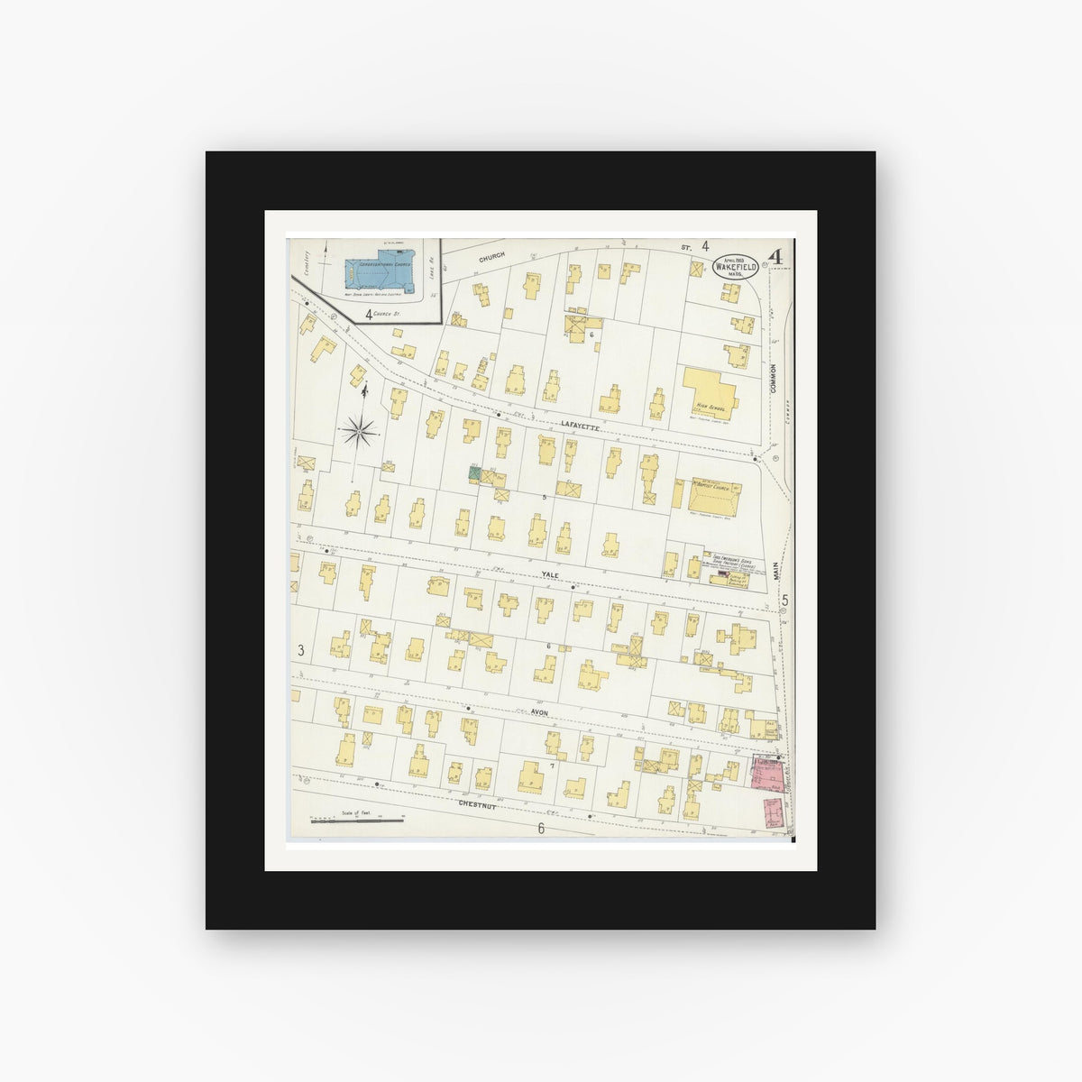 Old map wall art mockup — black gallery frame with white mat — Sanborn Fire Insurance Map from Wakefield, Middlesex County, Massachusetts (1903), Sheet #0004