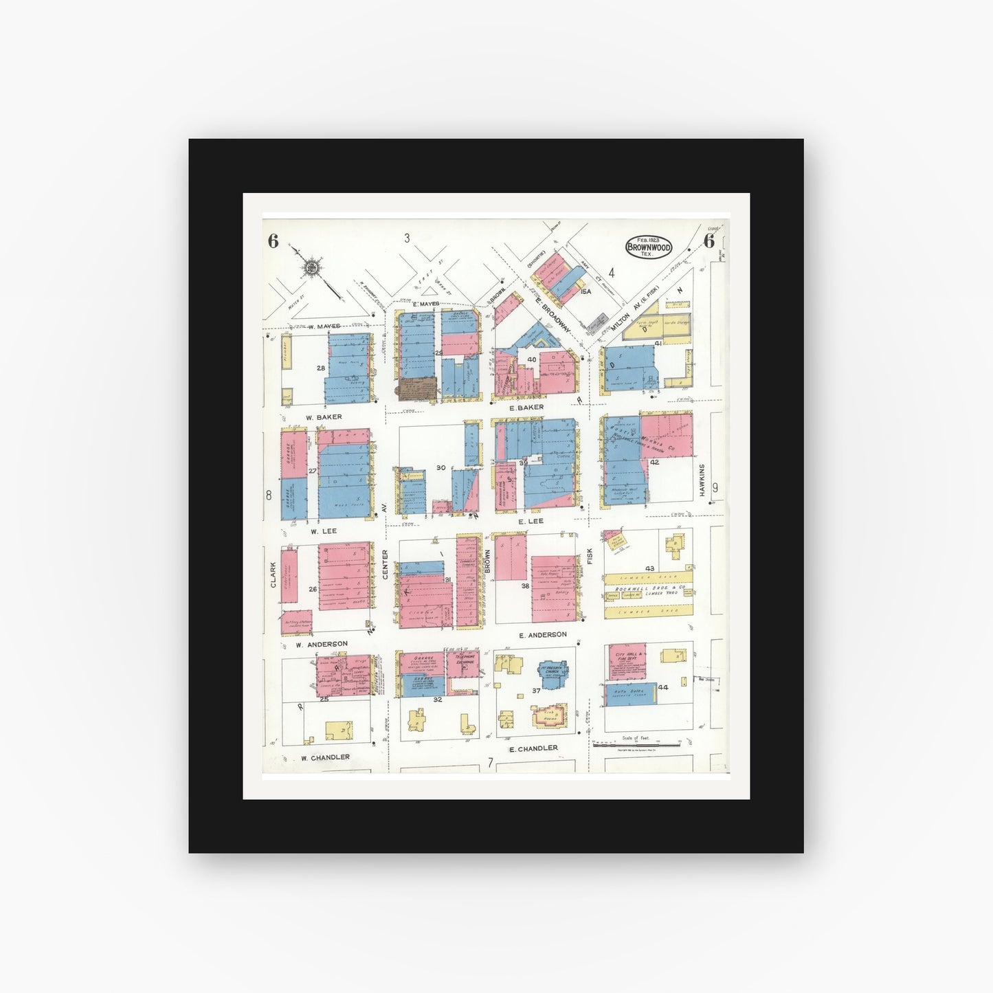 Old map wall art mockup — black gallery frame with white mat — Sanborn Fire Insurance Map from Brownwood, Brown County, Texas (1923), Sheet #0006