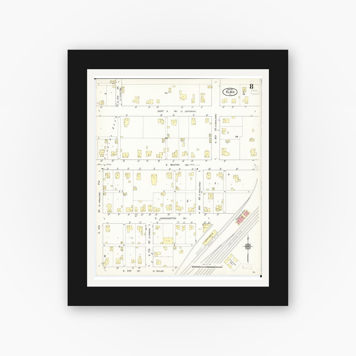 Old map wall art mockup — black gallery frame with white mat — Sanborn Fire Insurance Map from Albia, Monroe County, Iowa (1913), Sheet #0008