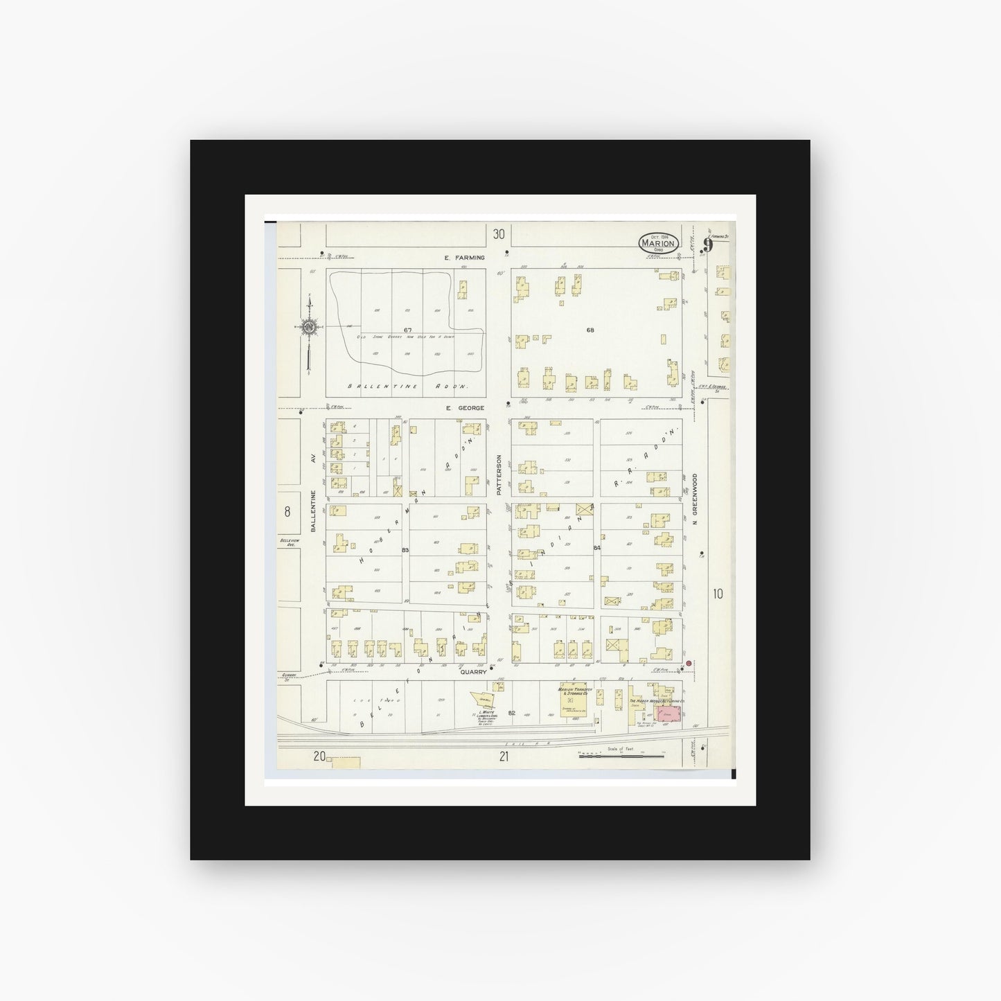 Old map wall art mockup — black gallery frame with white mat — Sanborn Fire Insurance Map from Marion, Marion County, Ohio (1914), Sheet #0009