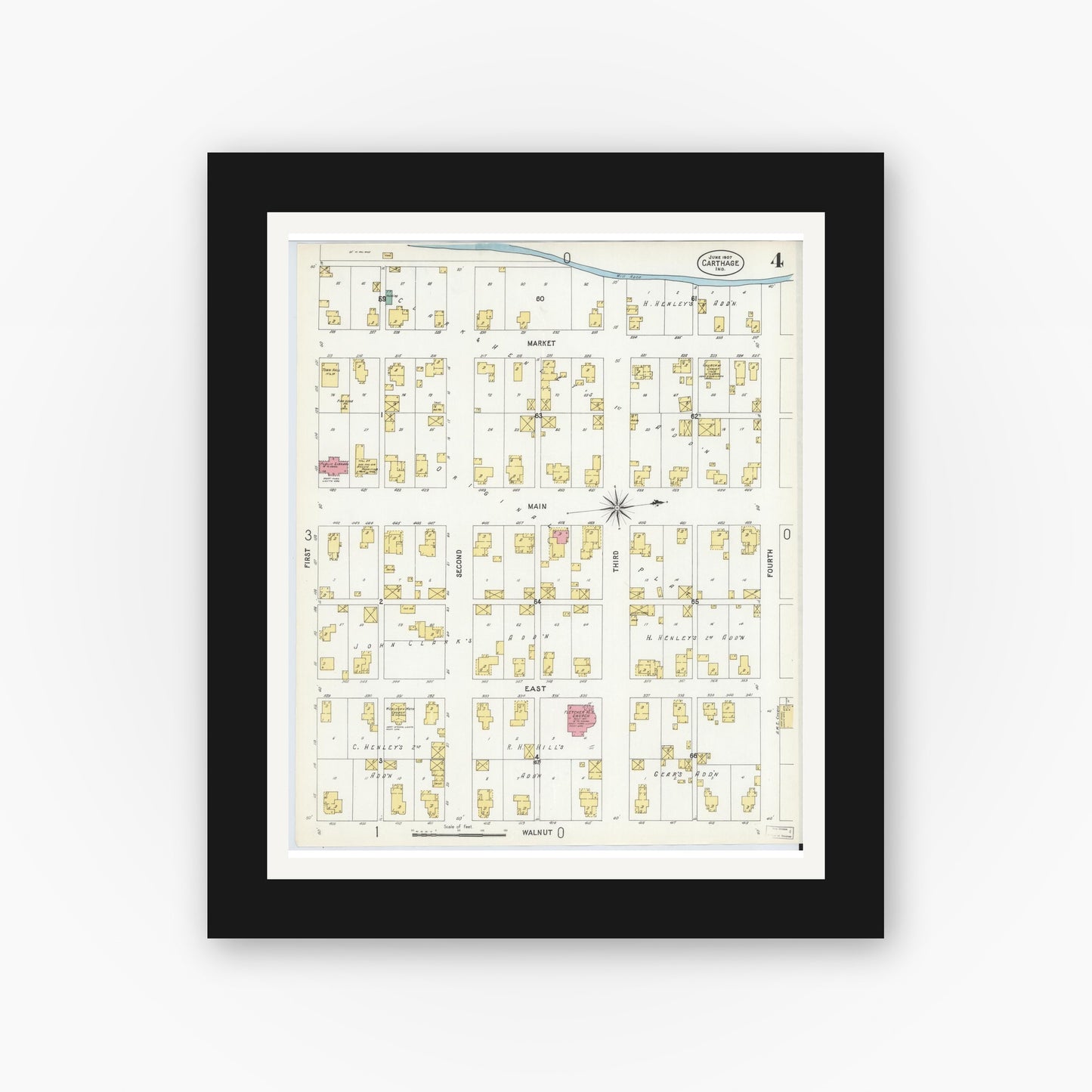 Old map wall art mockup — black gallery frame with white mat — Sanborn Fire Insurance Map from Carthage, Rush County, Indiana (1907), Sheet #0004
