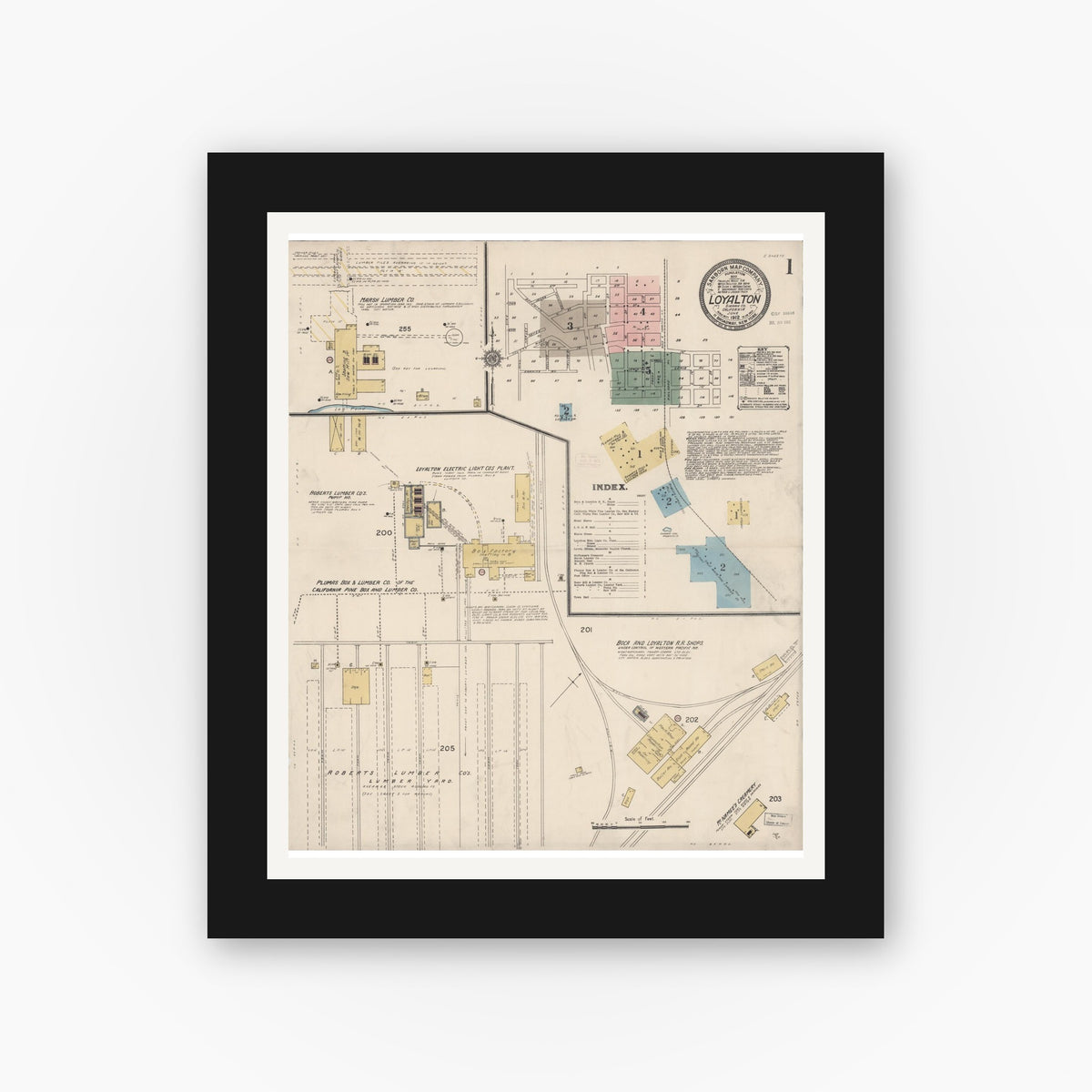 Old map wall art mockup — black gallery frame with white mat — Sanborn Fire Insurance Map from Loyalton, Sierra County, California (1912) - Complete Map Set