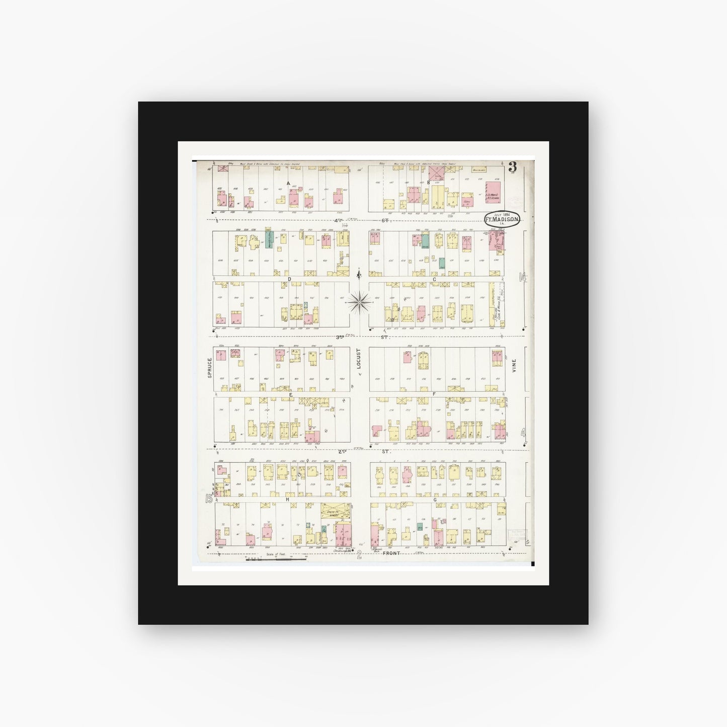 Old map wall art mockup — black gallery frame with white mat — Sanborn Fire Insurance Map from Fort Madison, Lee County, Iowa (1894), Sheet #0003