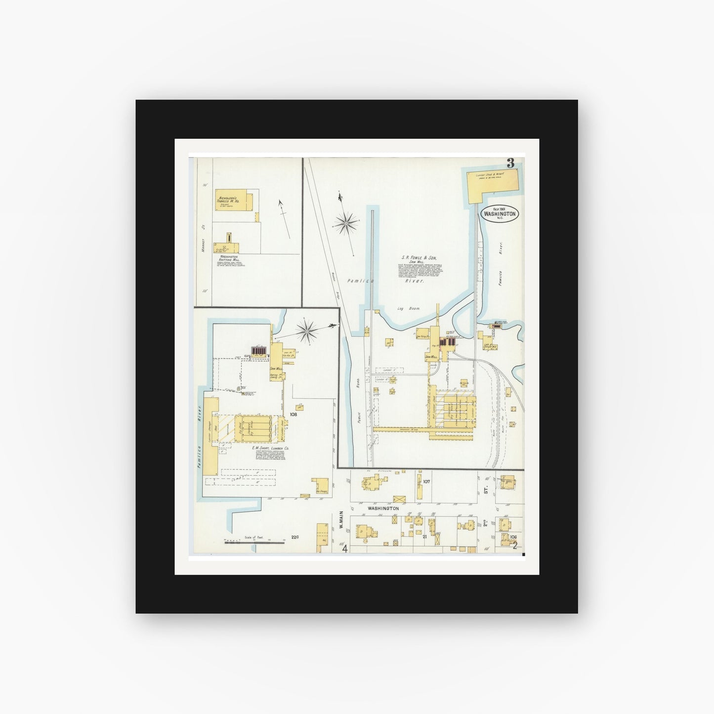Old map wall art mockup — black gallery frame with white mat — Sanborn Fire Insurance Map from Washington, Beaufort County, North Carolina (1901), Sheet #0003