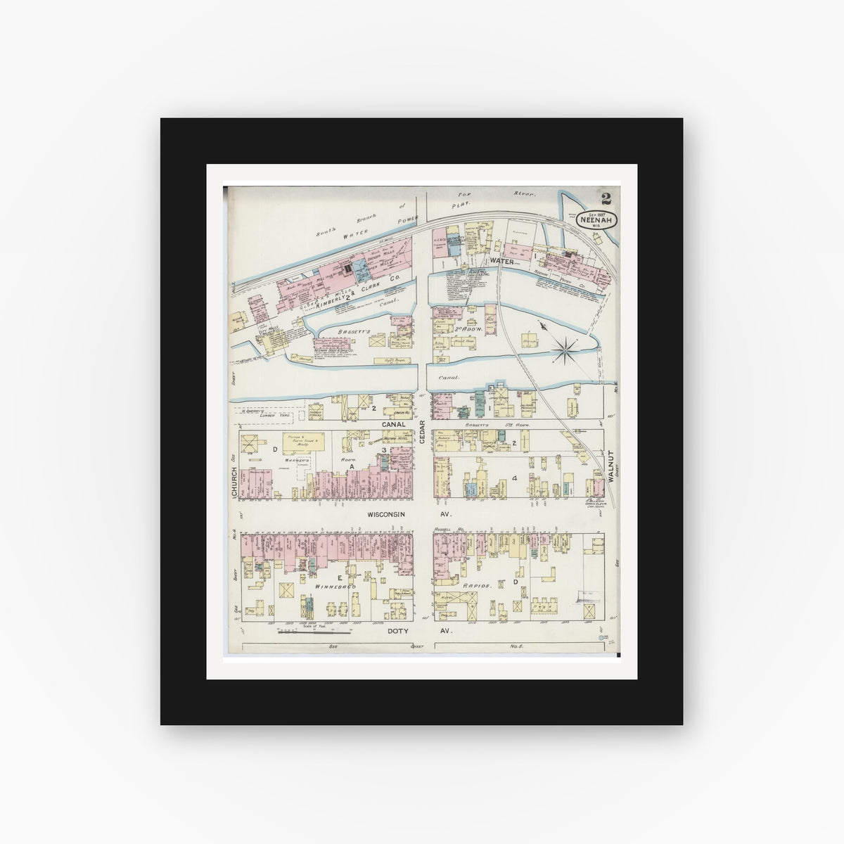 Old map wall art mockup — black gallery frame with white mat — Sanborn Fire Insurance Map from Neenah, Winnebago County, Wisconsin (1887), Sheet #0002