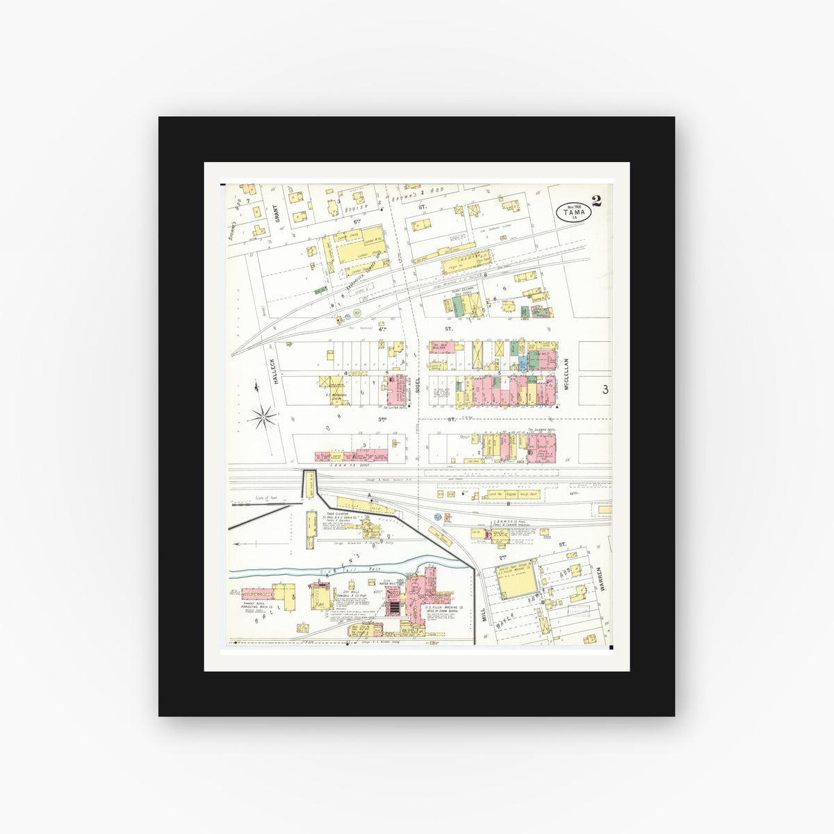 Old map wall art mockup — black gallery frame with white mat — Sanborn Fire Insurance Map from Tama, Tama County, Iowa (1900), Sheet #0002