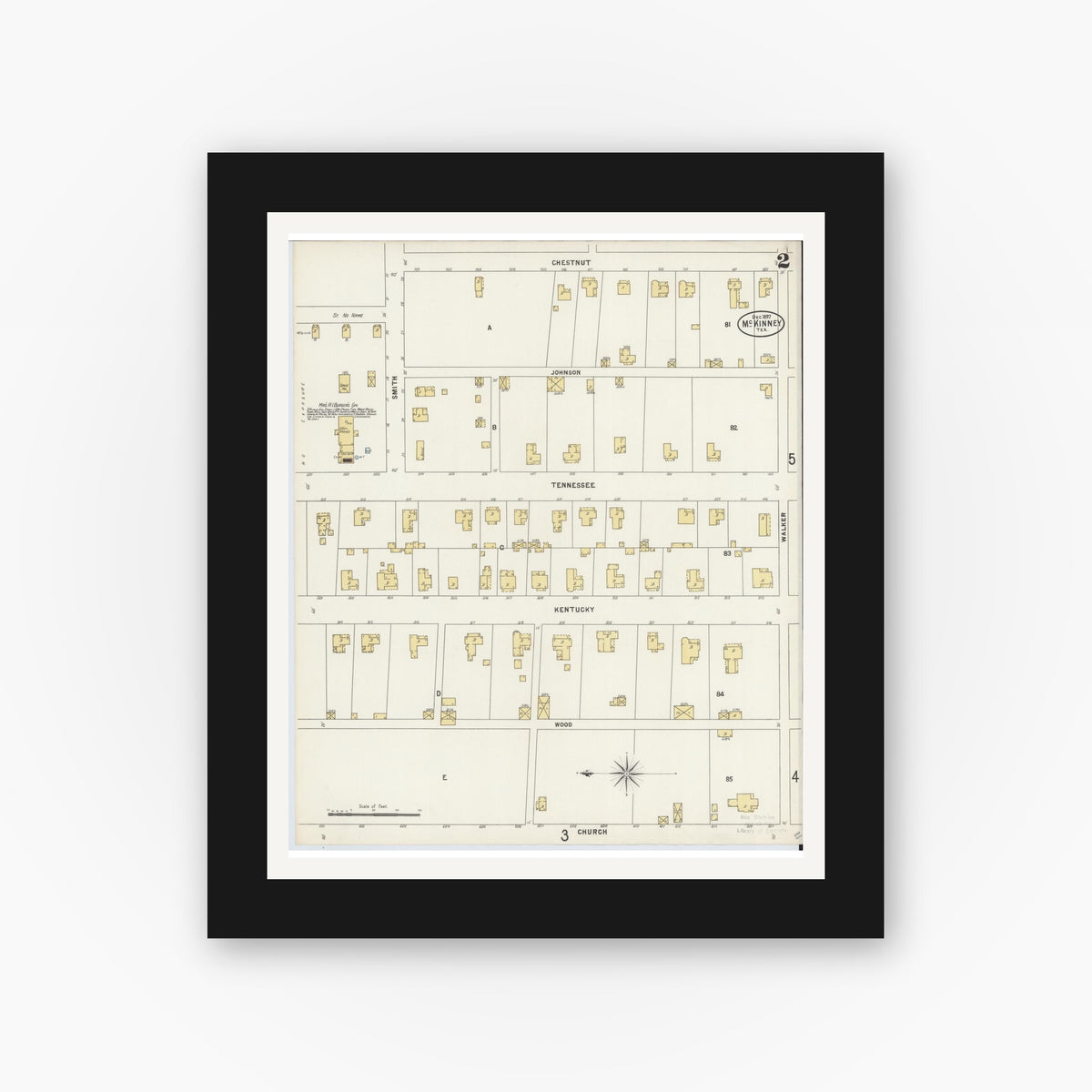 Old map wall art mockup — black gallery frame with white mat — Sanborn Fire Insurance Map from McKinney, Collin County, Texas (1897), Sheet #0002