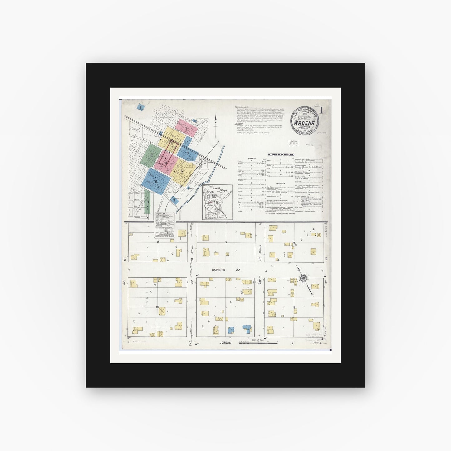 Old map wall art mockup — black gallery frame with white mat — Sanborn Fire Insurance Map from Wadena, Wadena County, Minnesota (1916) - Complete Map Set