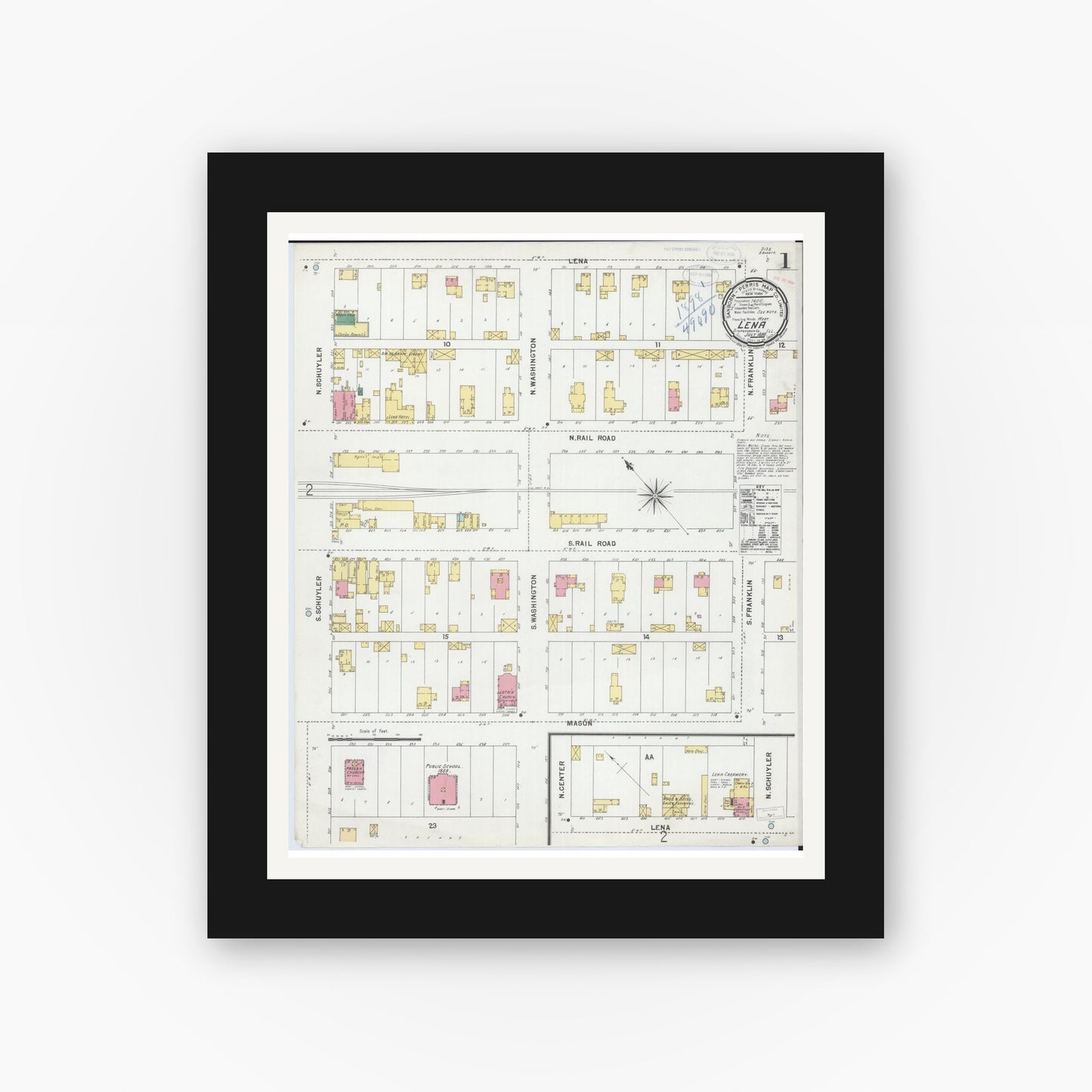 Old map wall art mockup — black gallery frame with white mat — Sanborn Fire Insurance Map from Lena, Stephenson County, Illinois (1898) - Complete Map Set