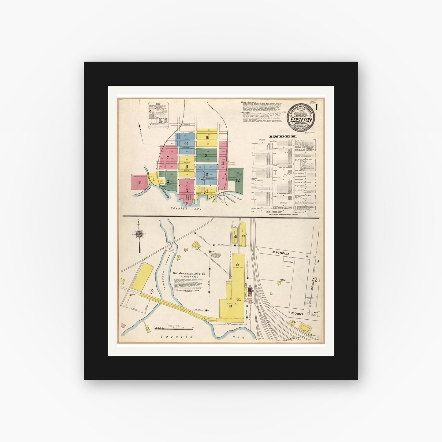 Old map wall art mockup — black gallery frame with white mat — Sanborn Fire Insurance Map from Edenton, Chowan County, North Carolina (1910), Sheet #0001