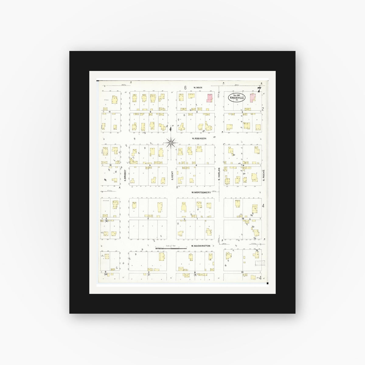 Old map wall art mockup — black gallery frame with white mat — Sanborn Fire Insurance Map from Knoxville, Marion County, Iowa (1907), Sheet #0007