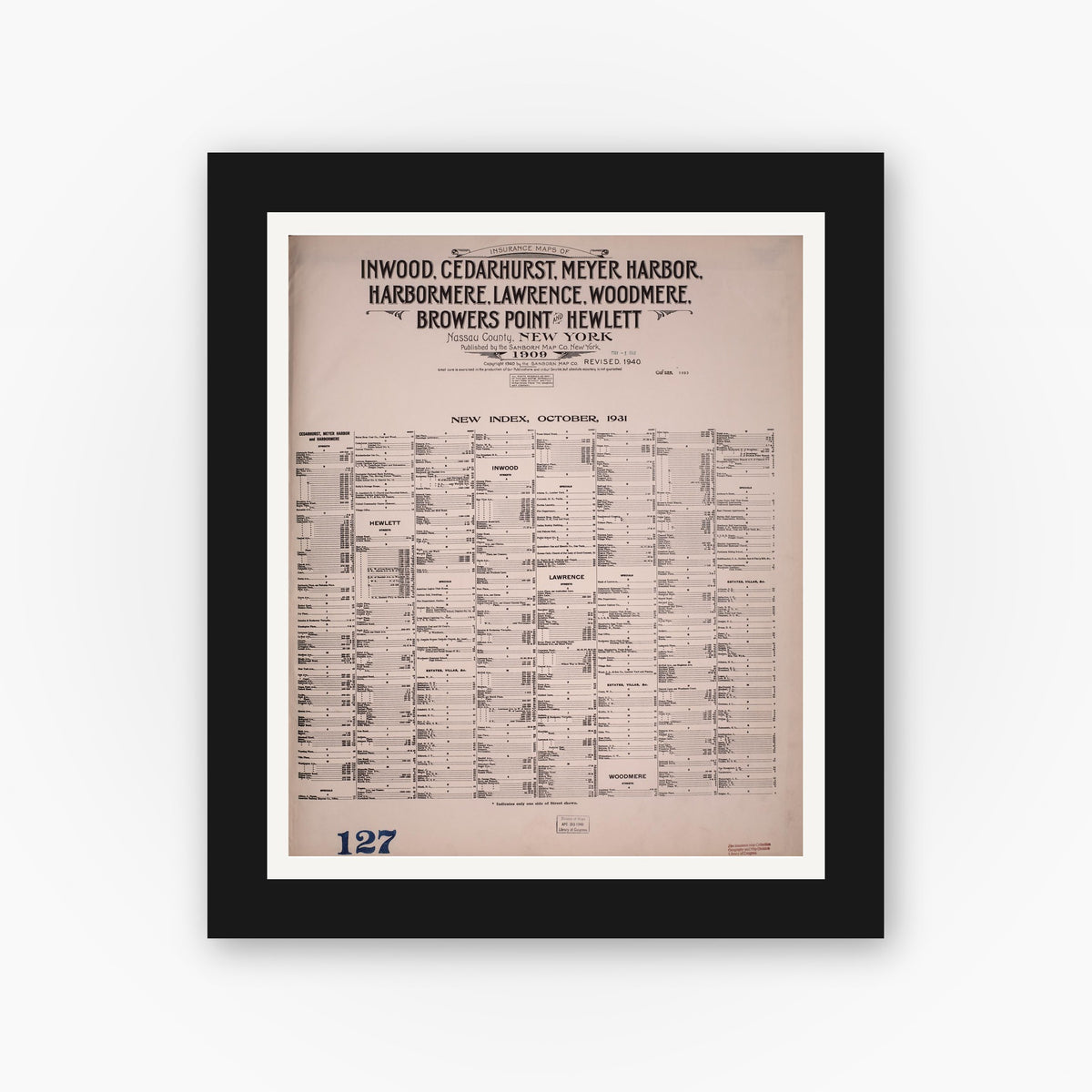Old map wall art mockup — black gallery frame with white mat — Sanborn Fire Insurance Map from Inwood, Nassau County, New York (1940), Sheet #0001