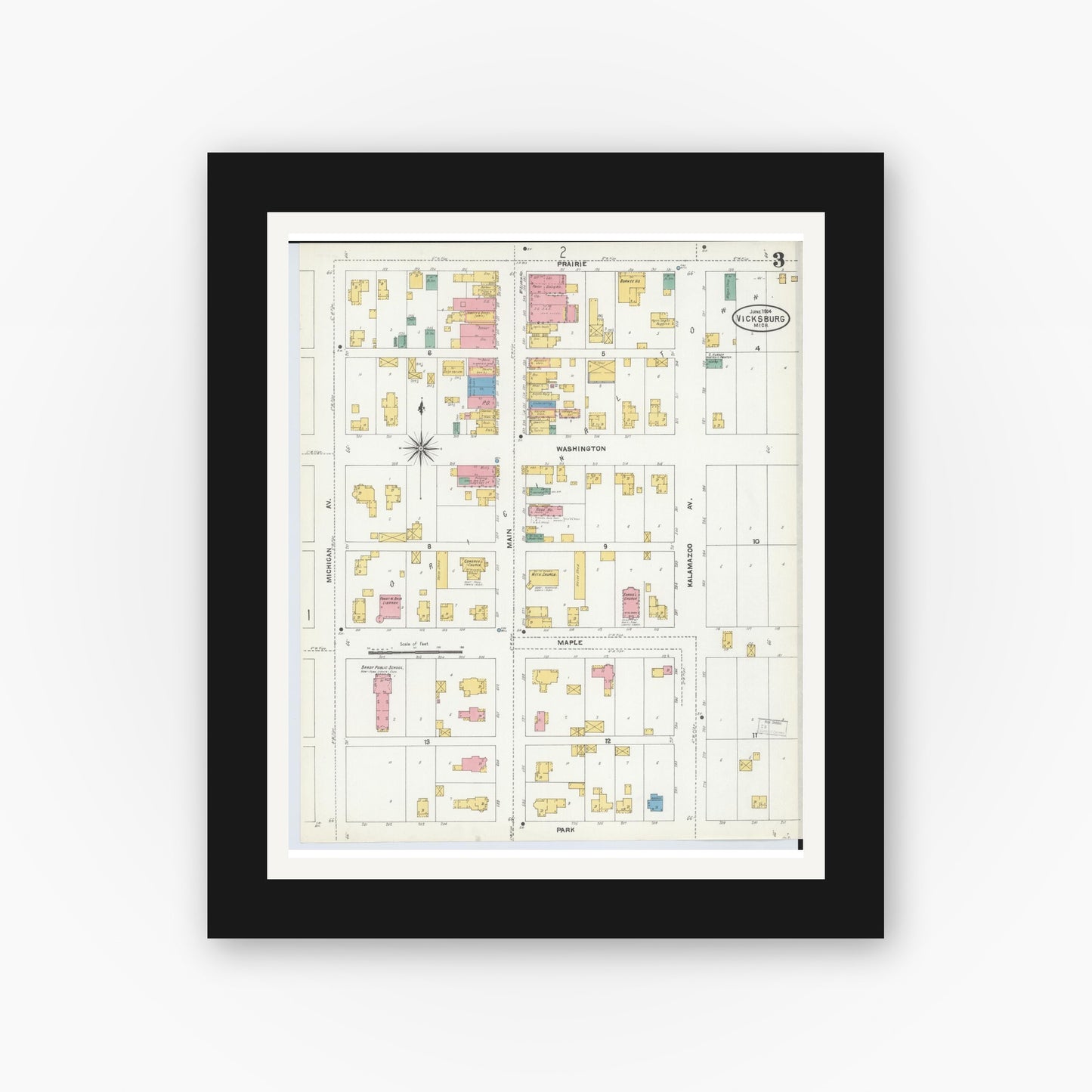 Old map wall art mockup — black gallery frame with white mat — Sanborn Fire Insurance Map from Vicksburg, Kalamazoo County, Michigan (1904), Sheet #0003