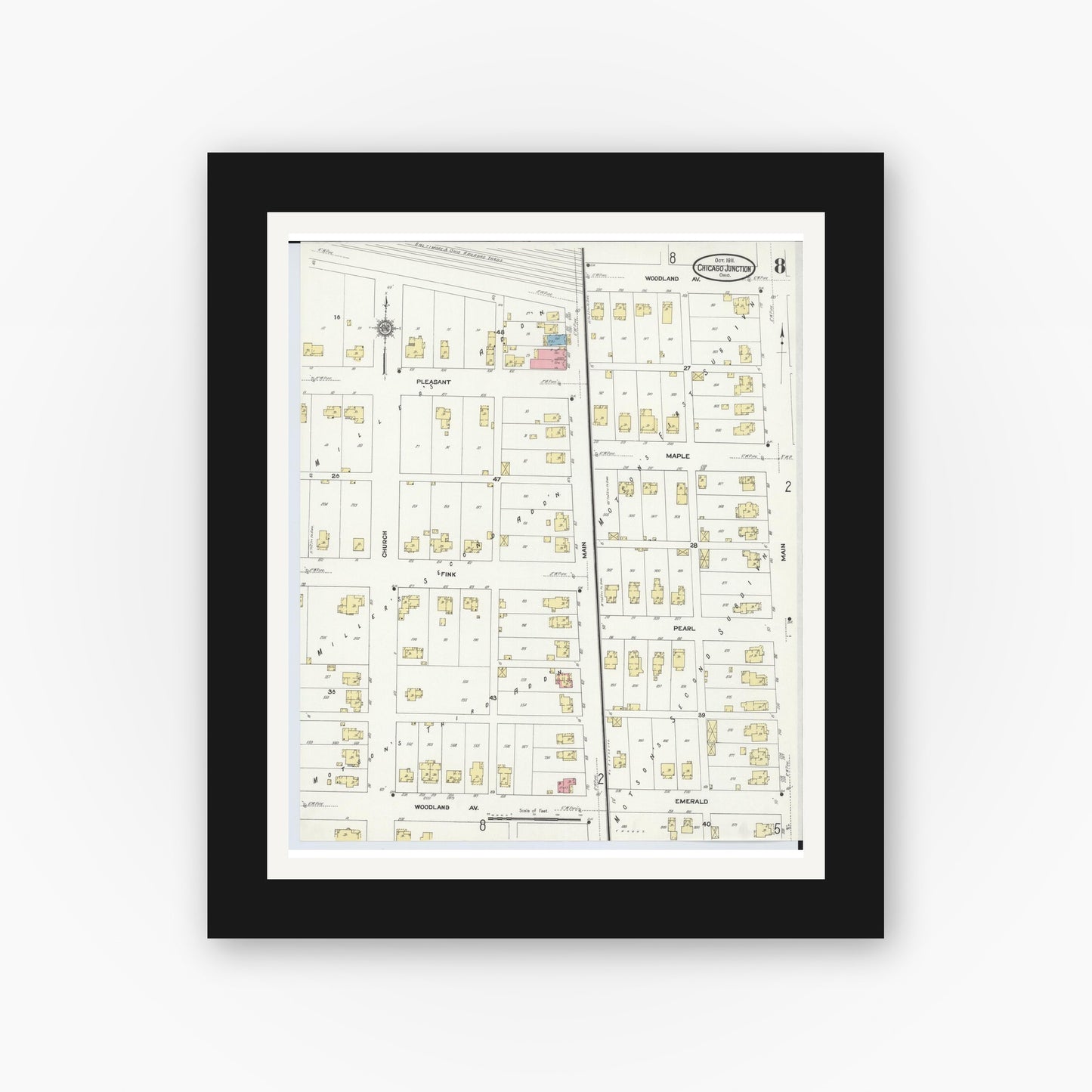 Old map wall art mockup — black gallery frame with white mat — Sanborn Fire Insurance Map from Chicago Junction, Huron County, Ohio (1911), Sheet #0008