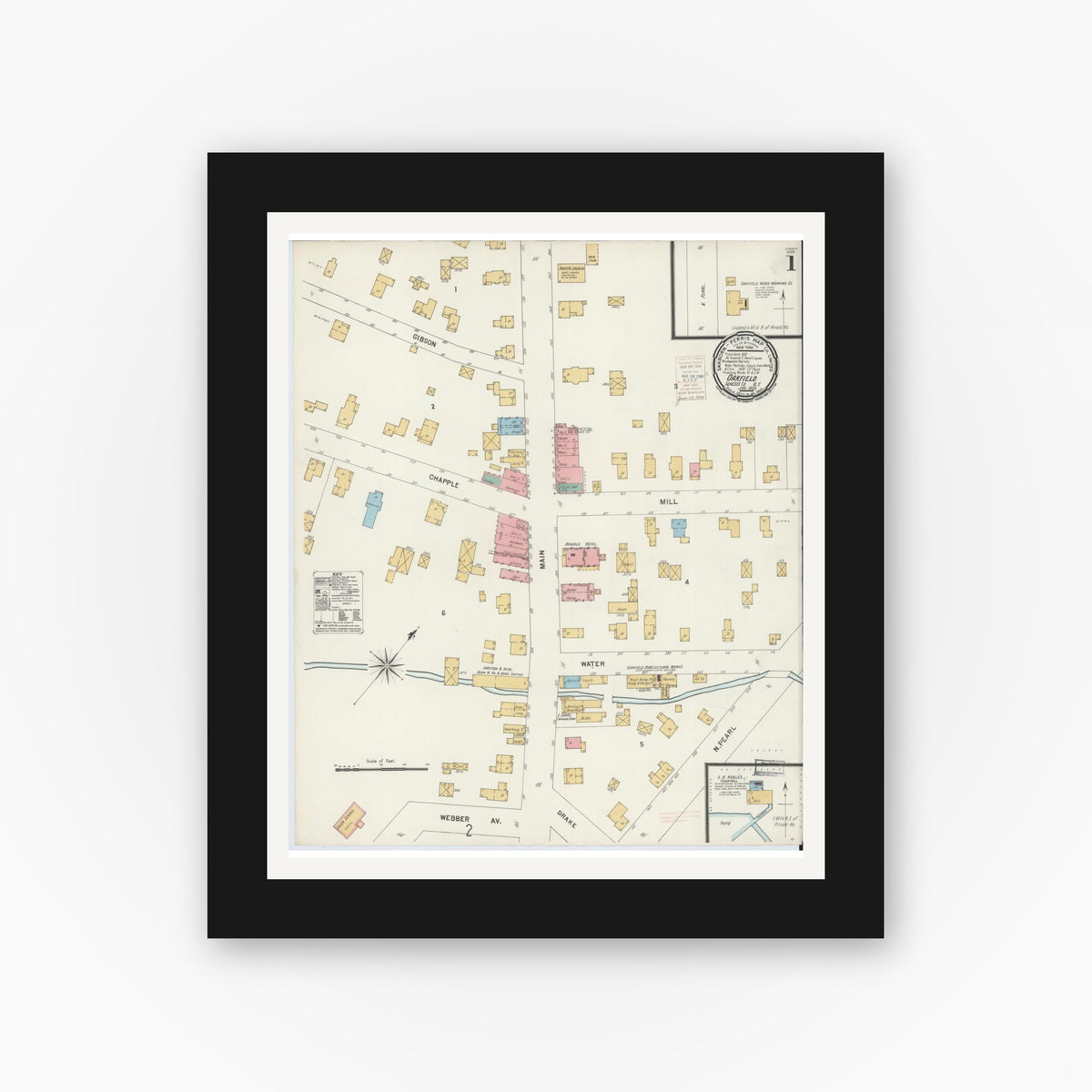 Old map wall art mockup — black gallery frame with white mat — Sanborn Fire Insurance Map from Oakfield, Genesee County, New York (1900), Sheet #0001