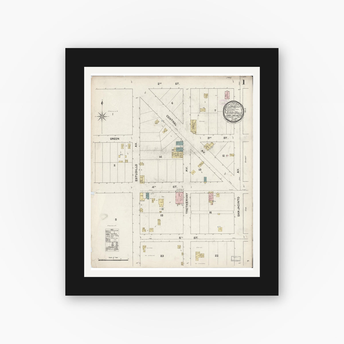 Old map wall art mockup — black gallery frame with white mat — Sanborn Fire Insurance Map from San Jacinto, Riverside County, California (1888) - Complete Map Set