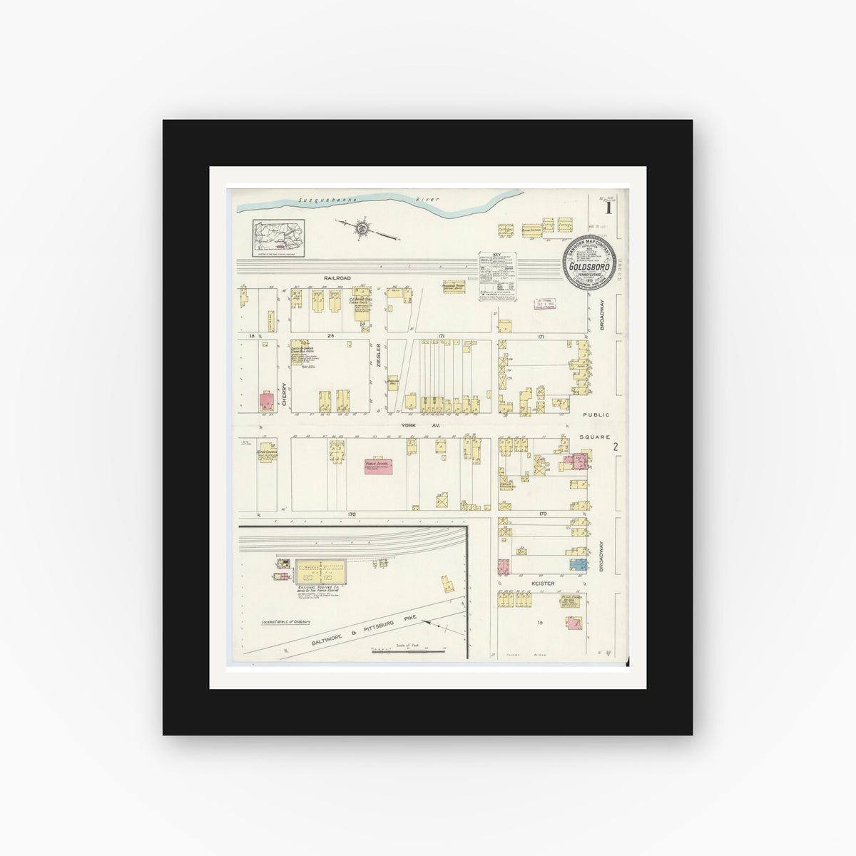 Old map wall art mockup — black gallery frame with white mat — Sanborn Fire Insurance Map from Goldsboro, York County, Pennsylvania (1913), Sheet #0001