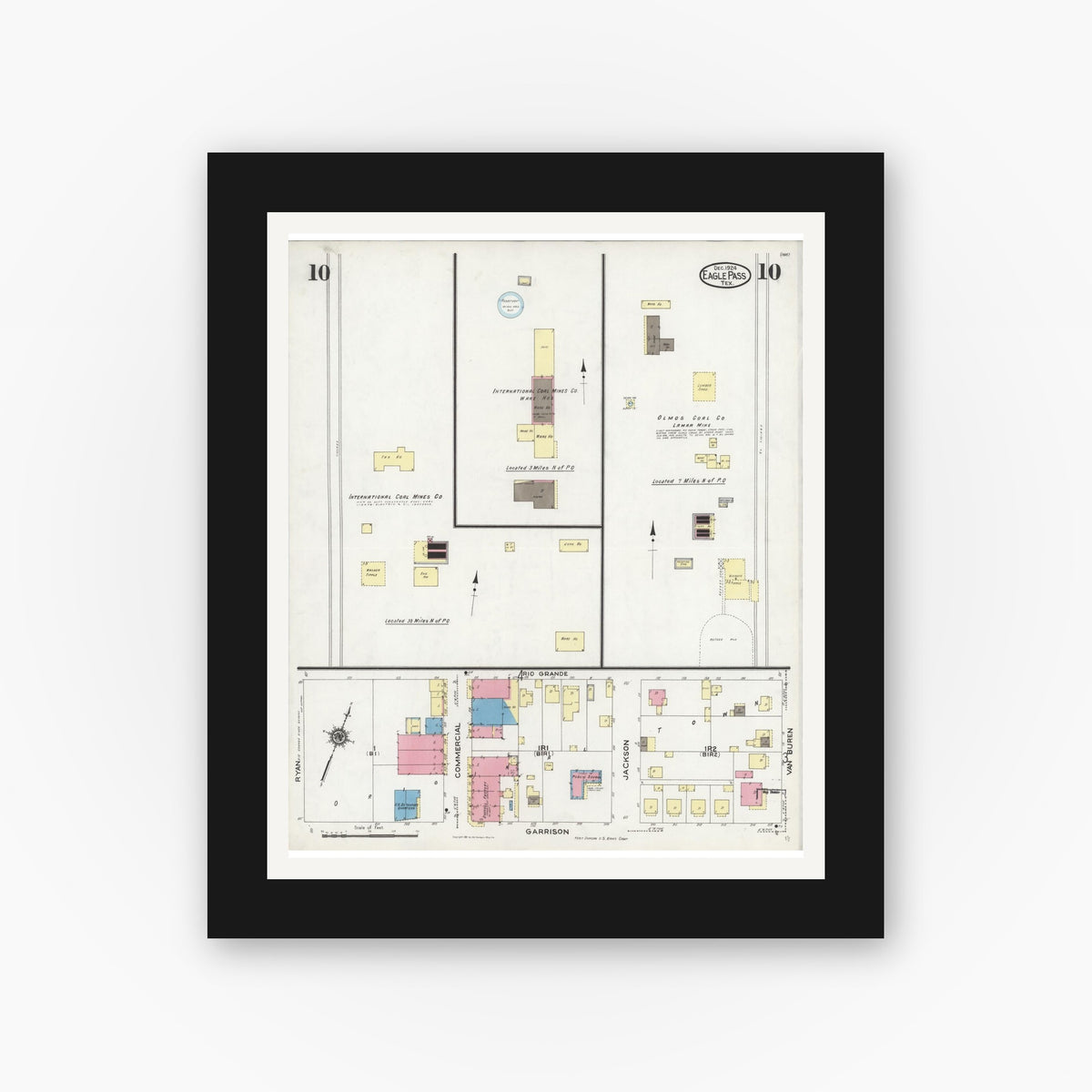Old map wall art mockup — black gallery frame with white mat — Sanborn Fire Insurance Map from Eagle Pass, Maverick County, Texas (1924), Sheet #0010