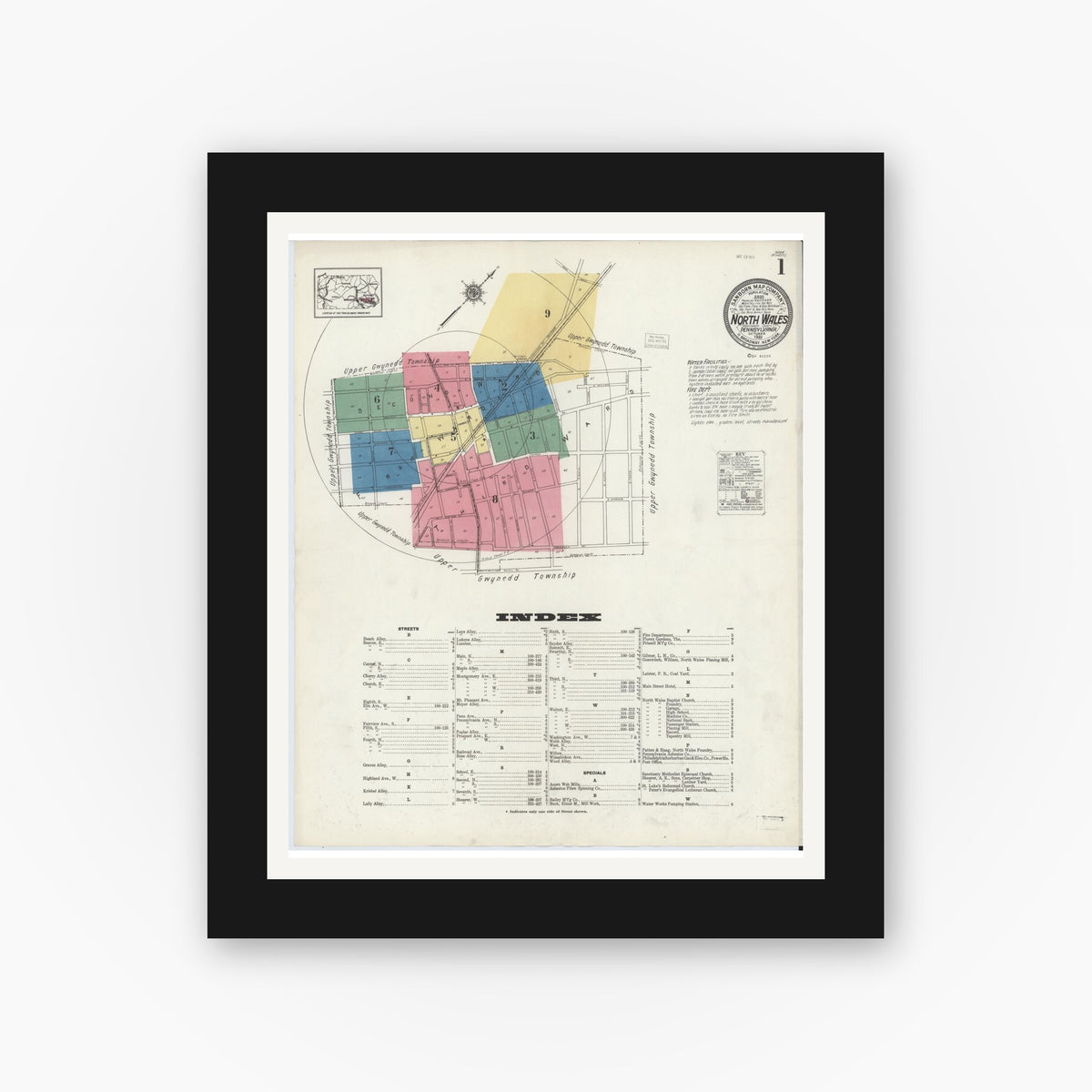 Old map wall art mockup — black gallery frame with white mat — Sanborn Fire Insurance Map from North Wales, Montgomery County, Pennsylvania (1921) - Complete Map Set