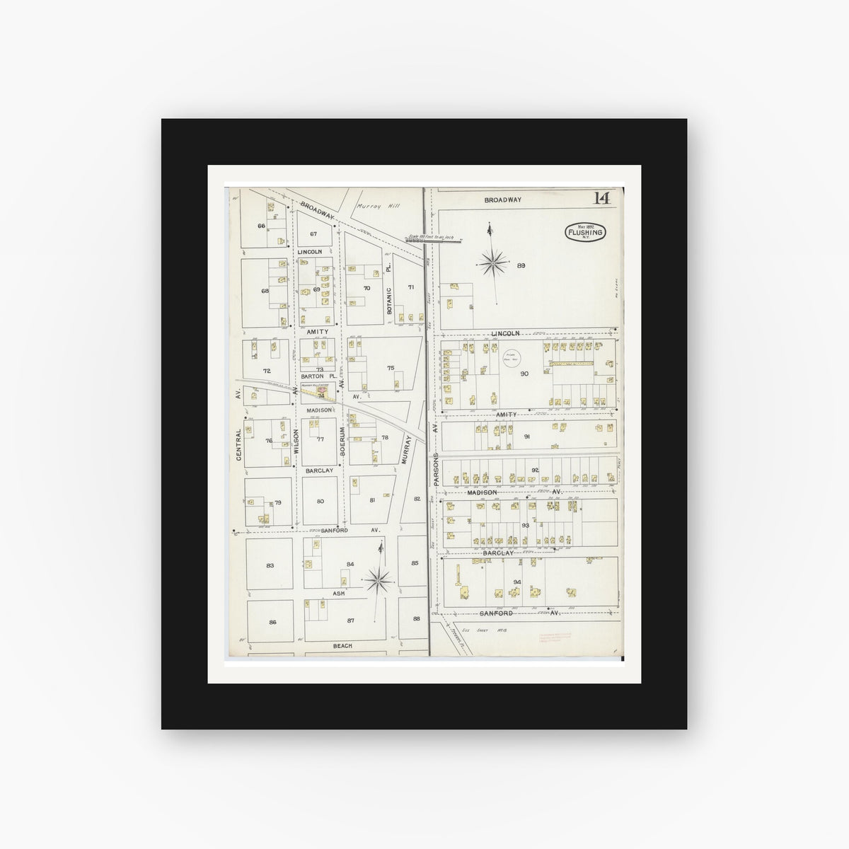Old map wall art mockup — black gallery frame with white mat — Sanborn Fire Insurance Map from Flushing, Queens County, New York (1892), Sheet #0014