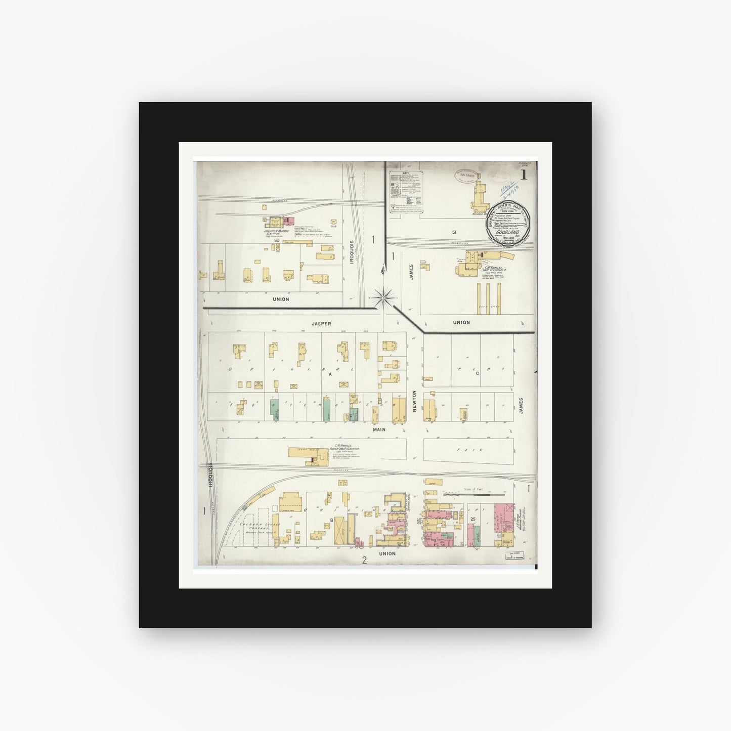 Old map wall art mockup — black gallery frame with white mat — Sanborn Fire Insurance Map from Goodland, Newton County, Indiana (1899) - Complete Map Set