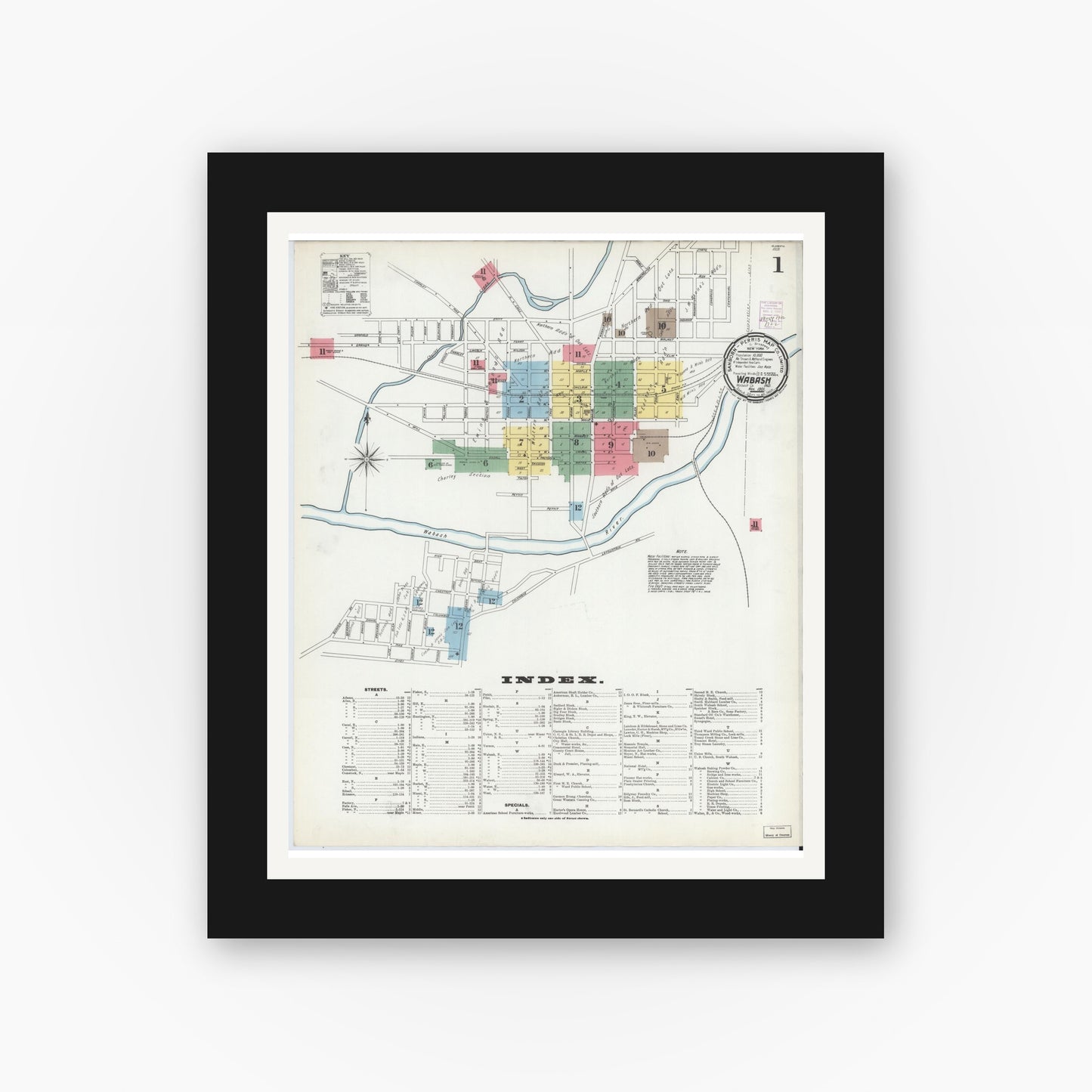 Old map wall art mockup — black gallery frame with white mat — Sanborn Fire Insurance Map from Wabash, Wabash County, Indiana (1901) - Complete Map Set