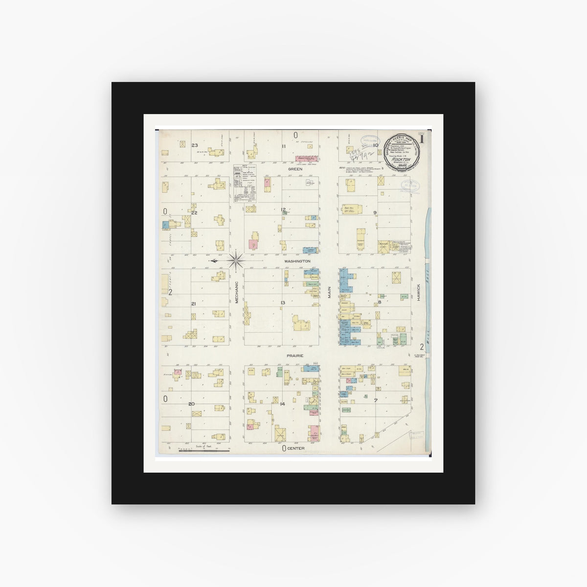 Old map wall art mockup — black gallery frame with white mat — Sanborn Fire Insurance Map from Rockton, Winnebago County, Illinois (1898), Sheet #0001