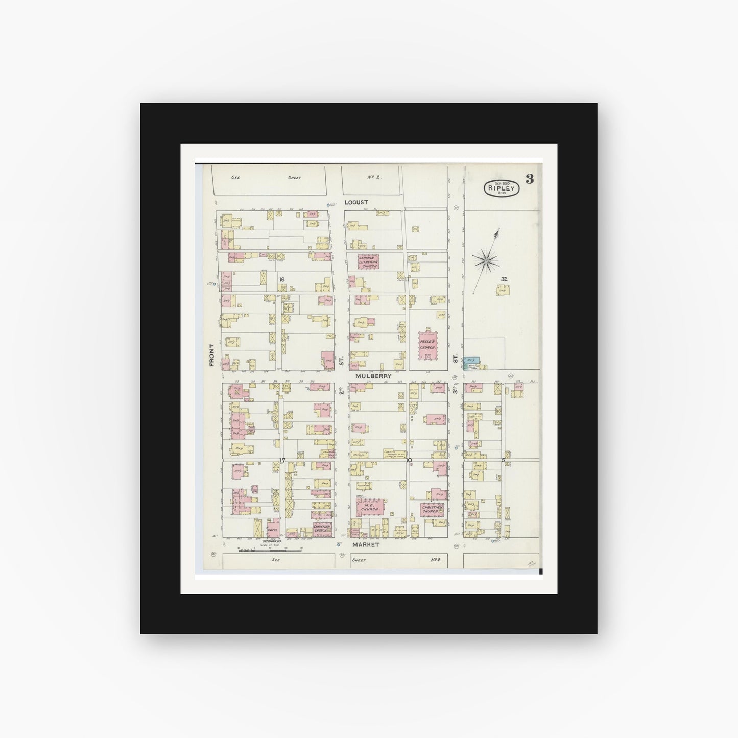 Old map wall art mockup — black gallery frame with white mat — Sanborn Fire Insurance Map from Ripley, Brown County, Ohio (1890), Sheet #0003