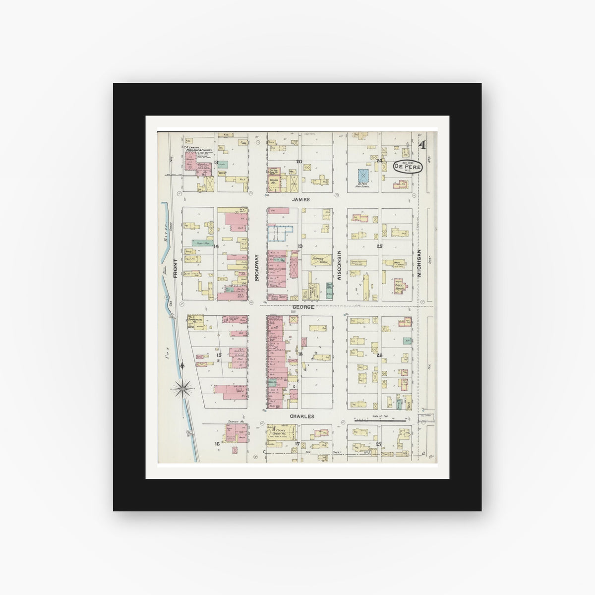 Old map wall art mockup — black gallery frame with white mat — Sanborn Fire Insurance Map from De Pere, Brown County, Wisconsin (1890), Sheet #0004