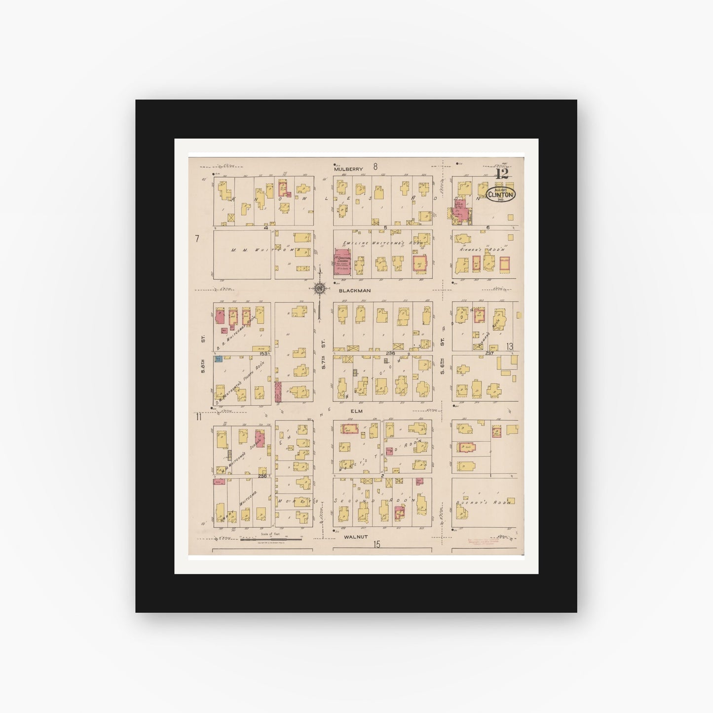 Old map wall art mockup — black gallery frame with white mat — Sanborn Fire Insurance Map from Clinton, Vermillion County, Indiana (1921), Sheet #0012