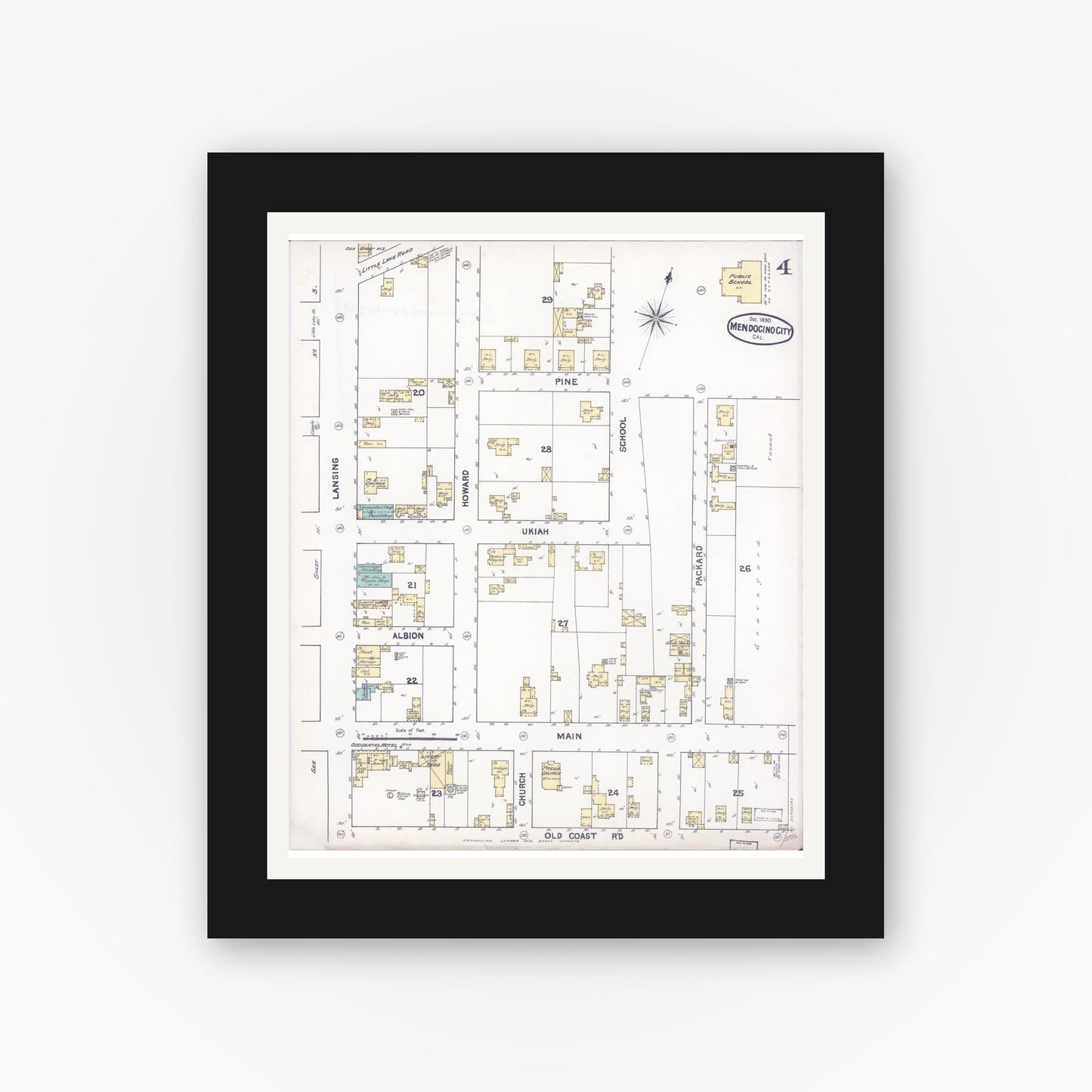 Old map wall art mockup — black gallery frame with white mat — Sanborn Fire Insurance Map from Mendocino, Mendocino County, California (1890), Sheet #0004