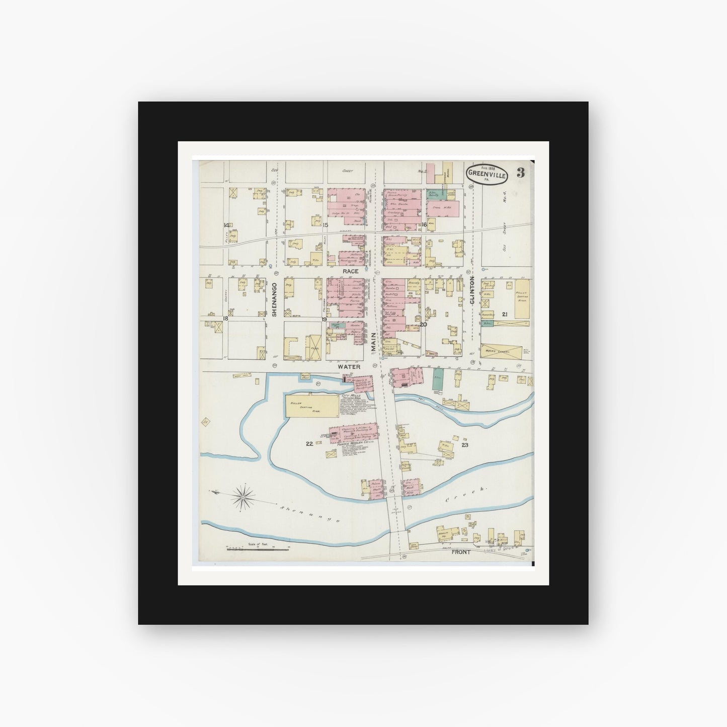 Old map wall art mockup — black gallery frame with white mat — Sanborn Fire Insurance Map from Greenville, Mercer County, Pennsylvania (1888), Sheet #0003