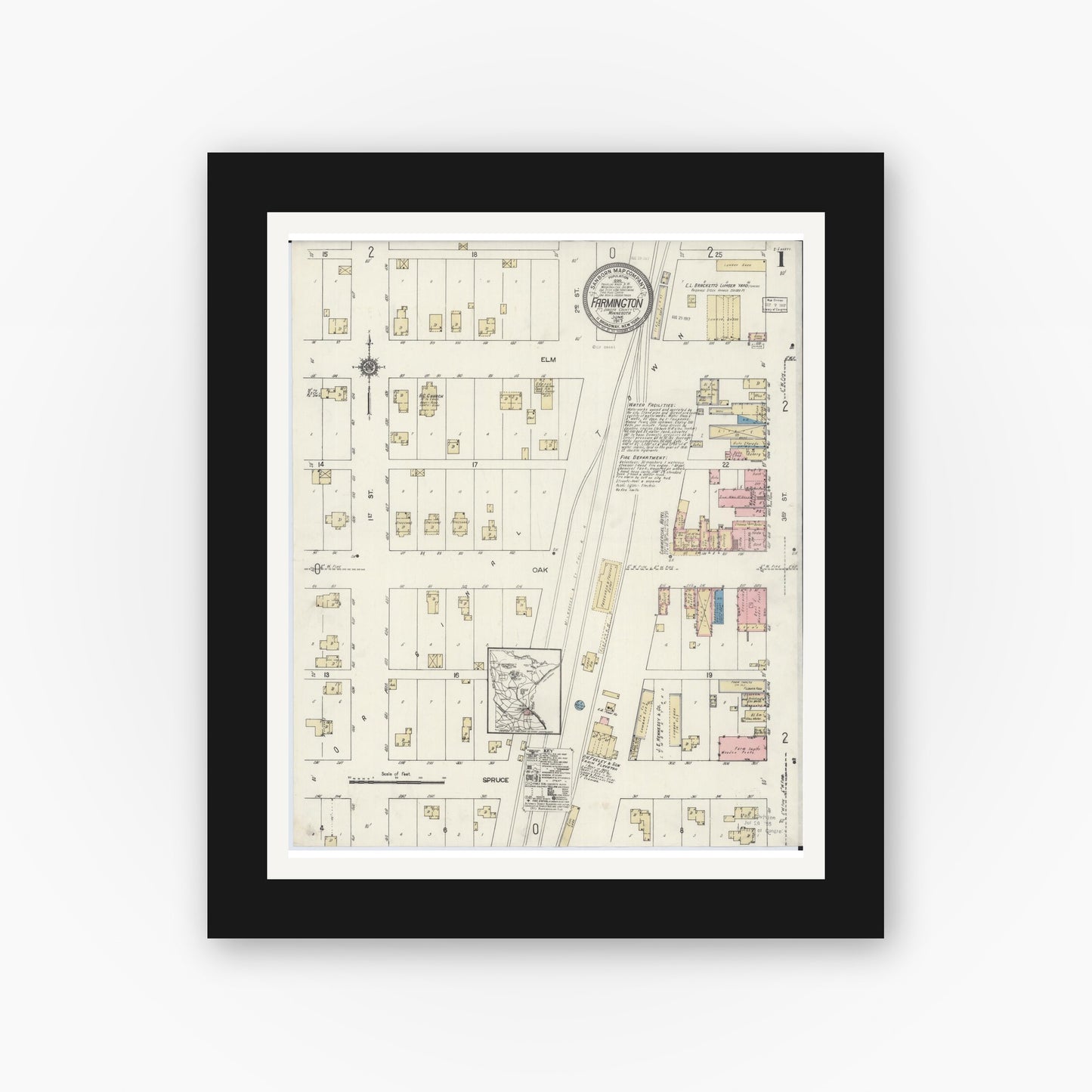 Old map wall art mockup — black gallery frame with white mat — Sanborn Fire Insurance Map from Farmington, Dakota County, Minnesota (1917) - Complete Map Set
